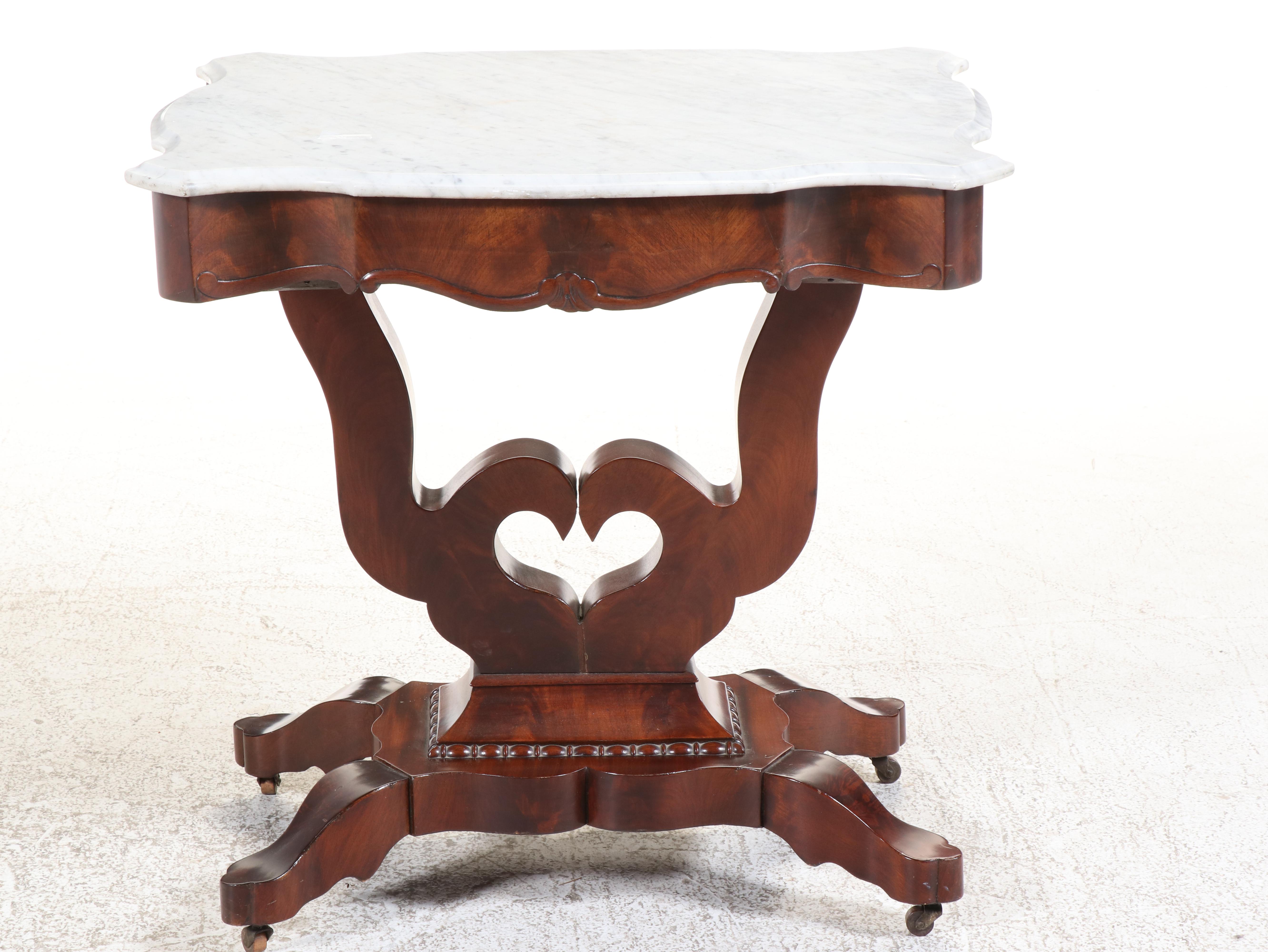 American Empire Flame Mahogany and Marble Top Parlor Table, Mid-19th Century