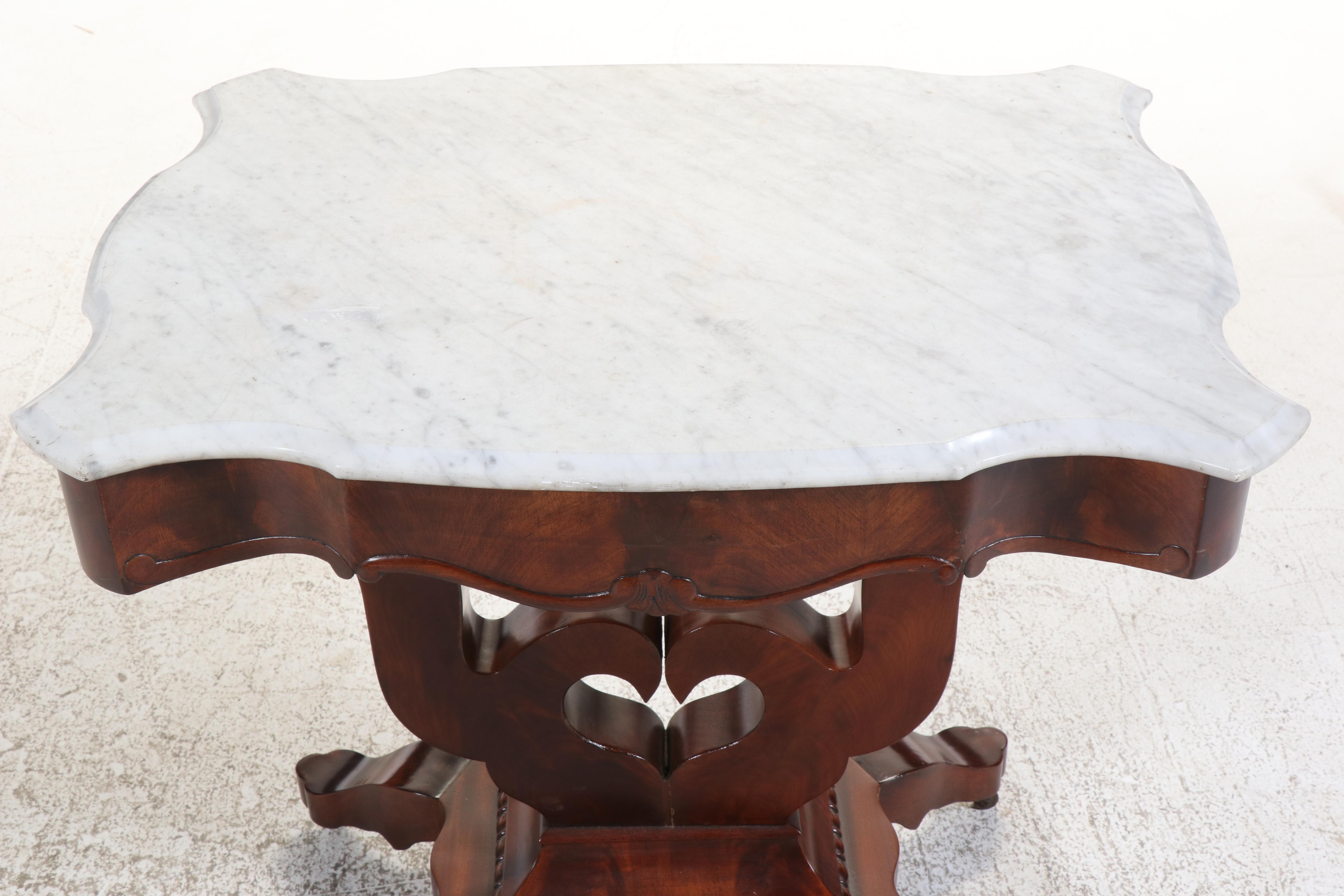 American Empire Flame Mahogany and Marble Top Parlor Table, Mid-19th Century