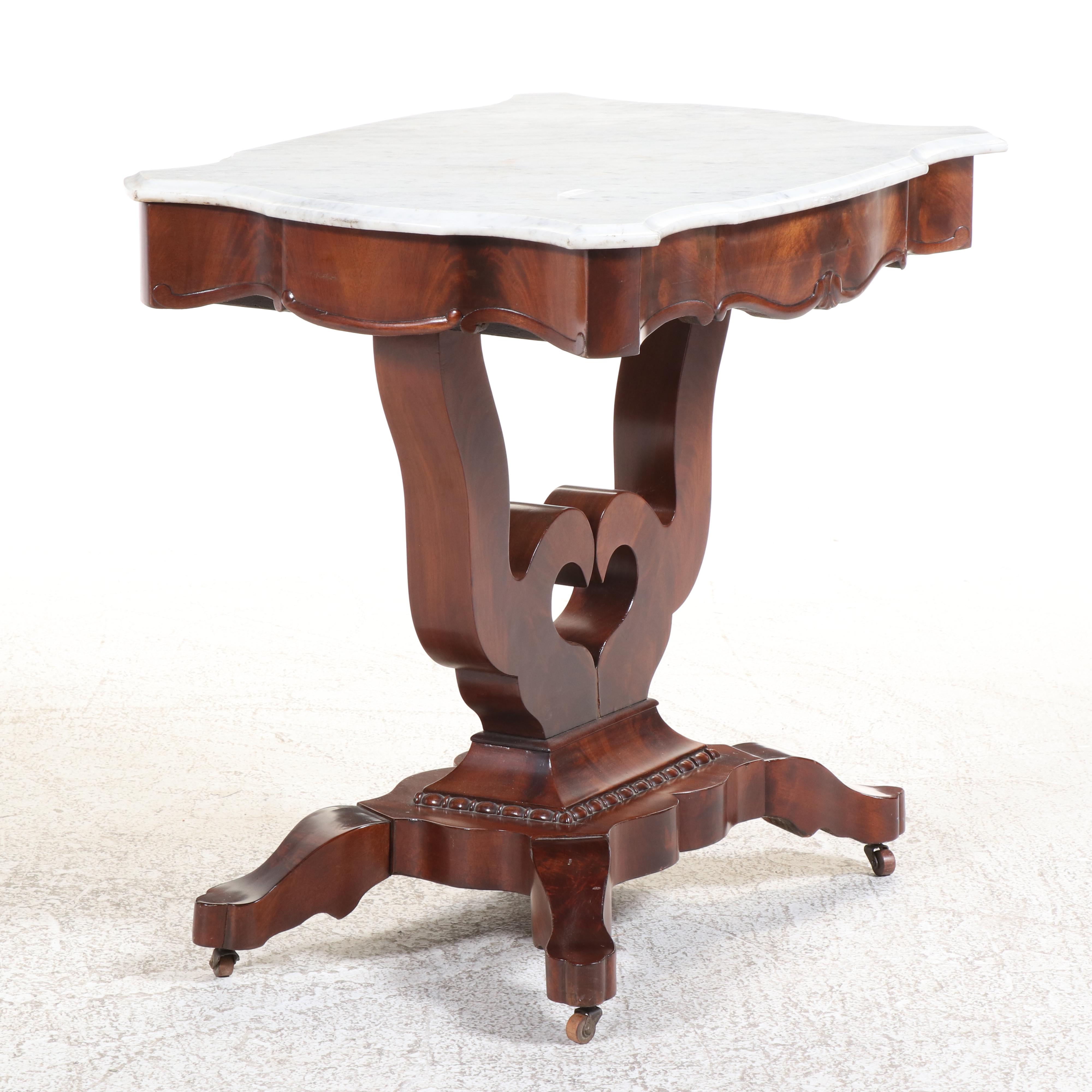 American Empire Flame Mahogany and Marble Top Parlor Table, Mid-19th Century