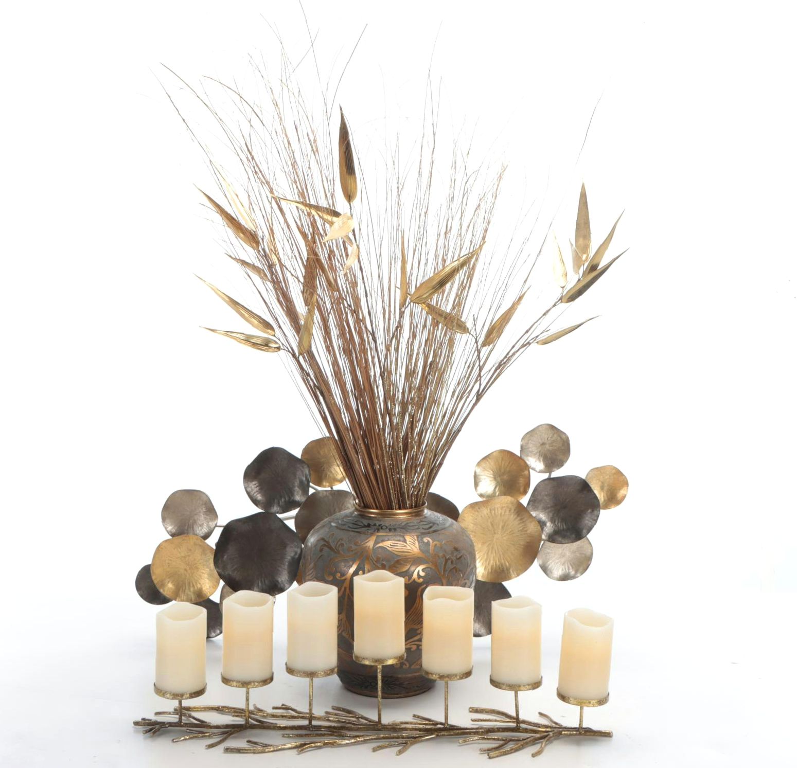 Gilt Metal Twig Shaped Candelabra with Vase and Wall Sculpture