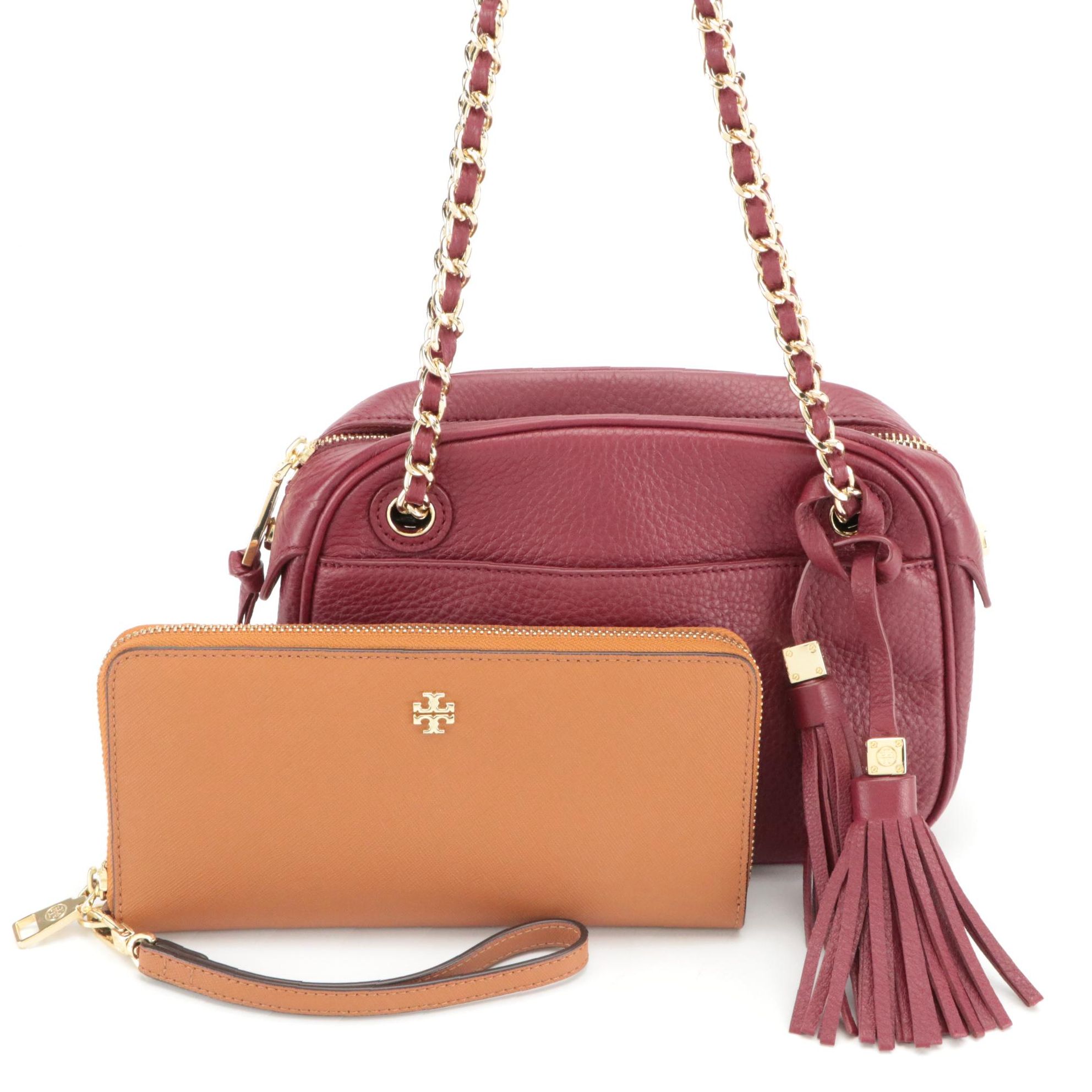 Tory Burch Grain Leather Crossbody with Tassels and Saffiano Leather Wristlet