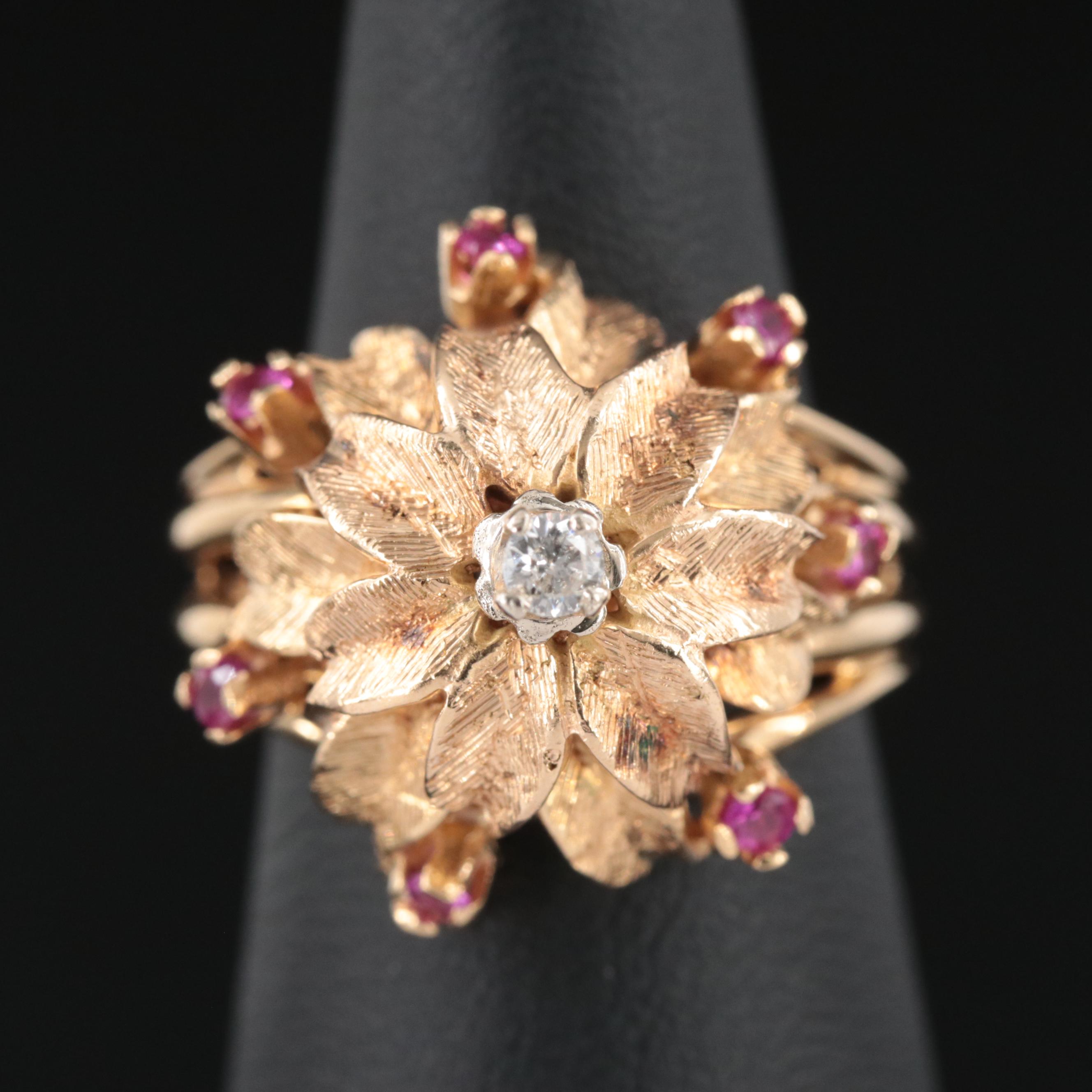 Vintage 18K Diamond and Ruby Flower Ring