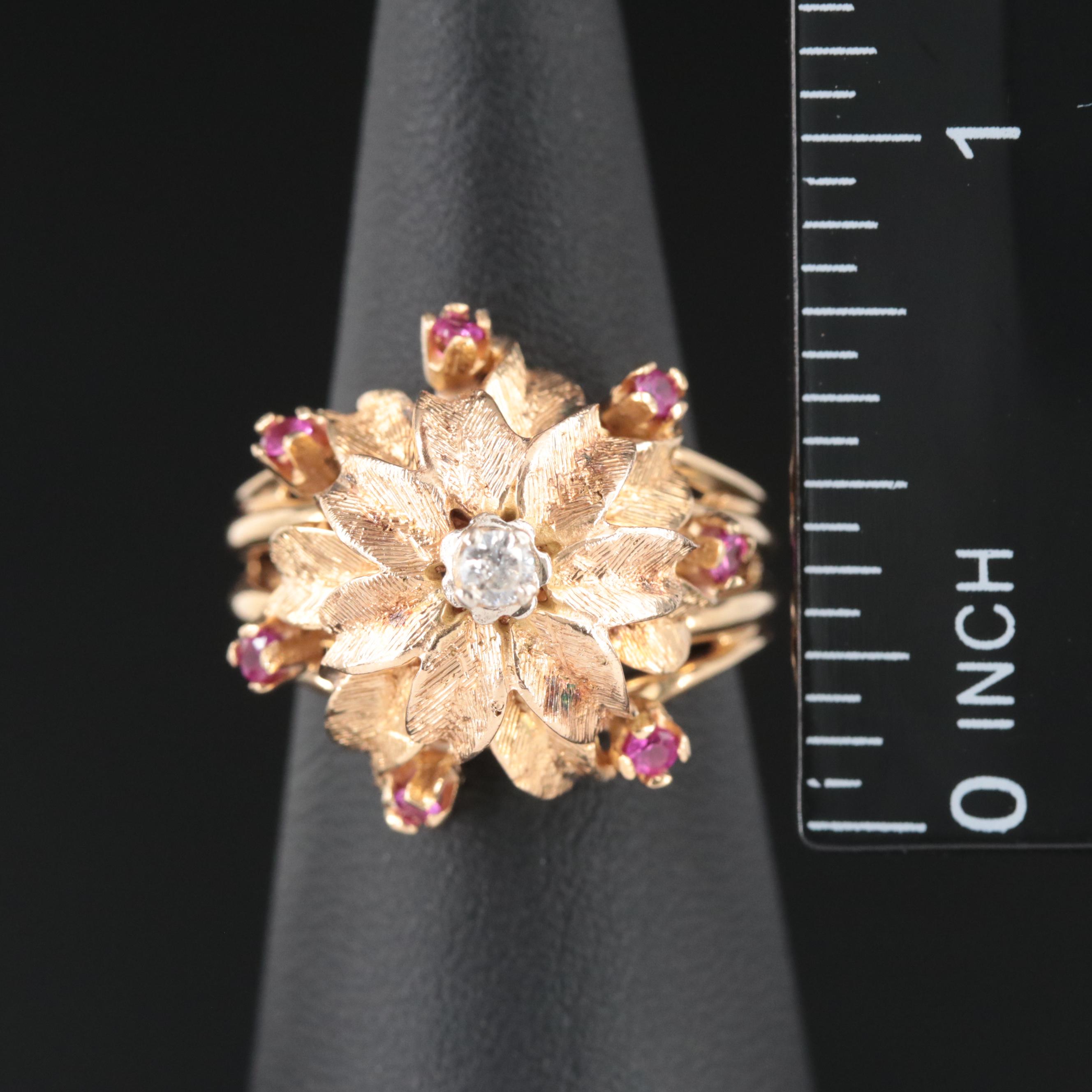 Vintage 18K Diamond and Ruby Flower Ring