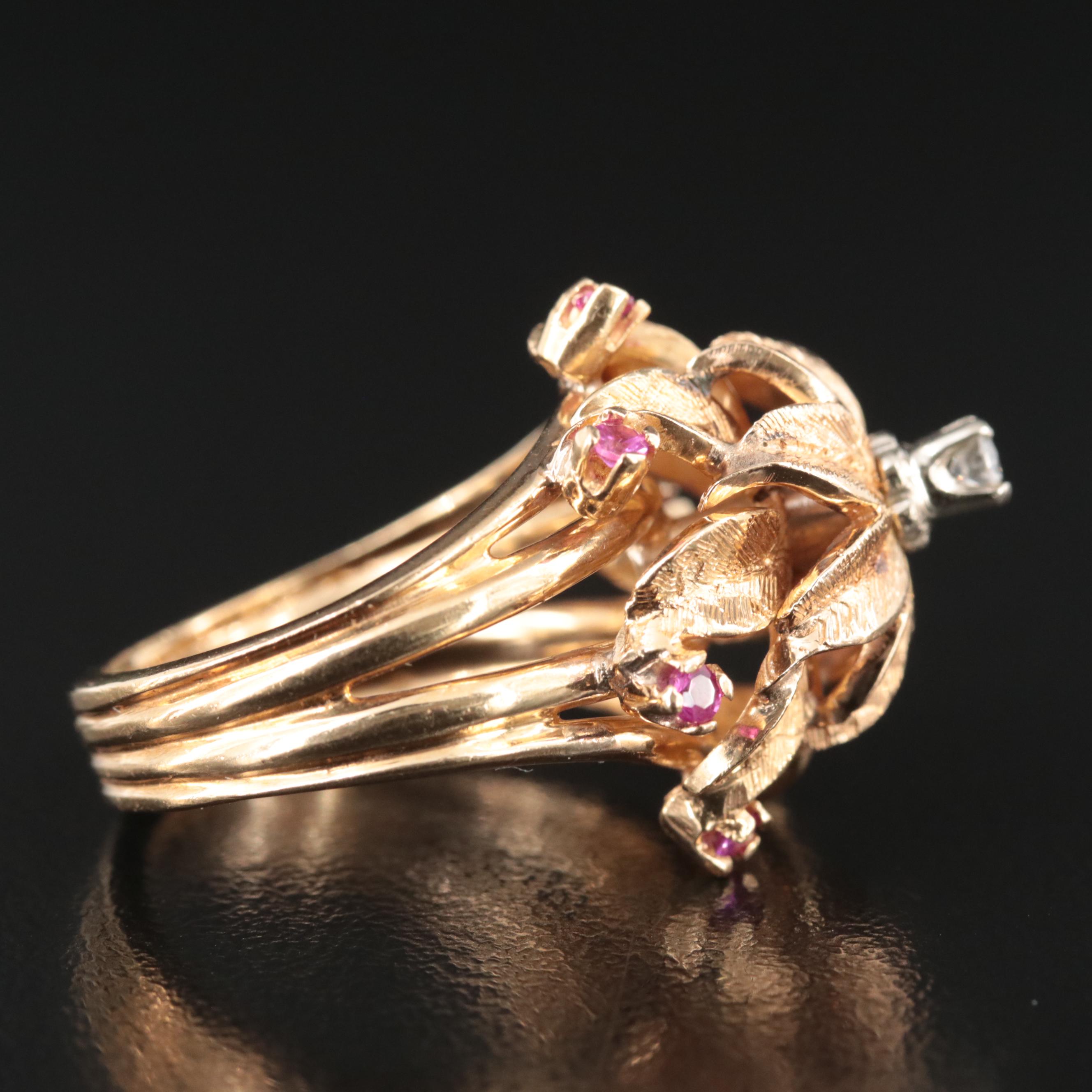 Vintage 18K Diamond and Ruby Flower Ring