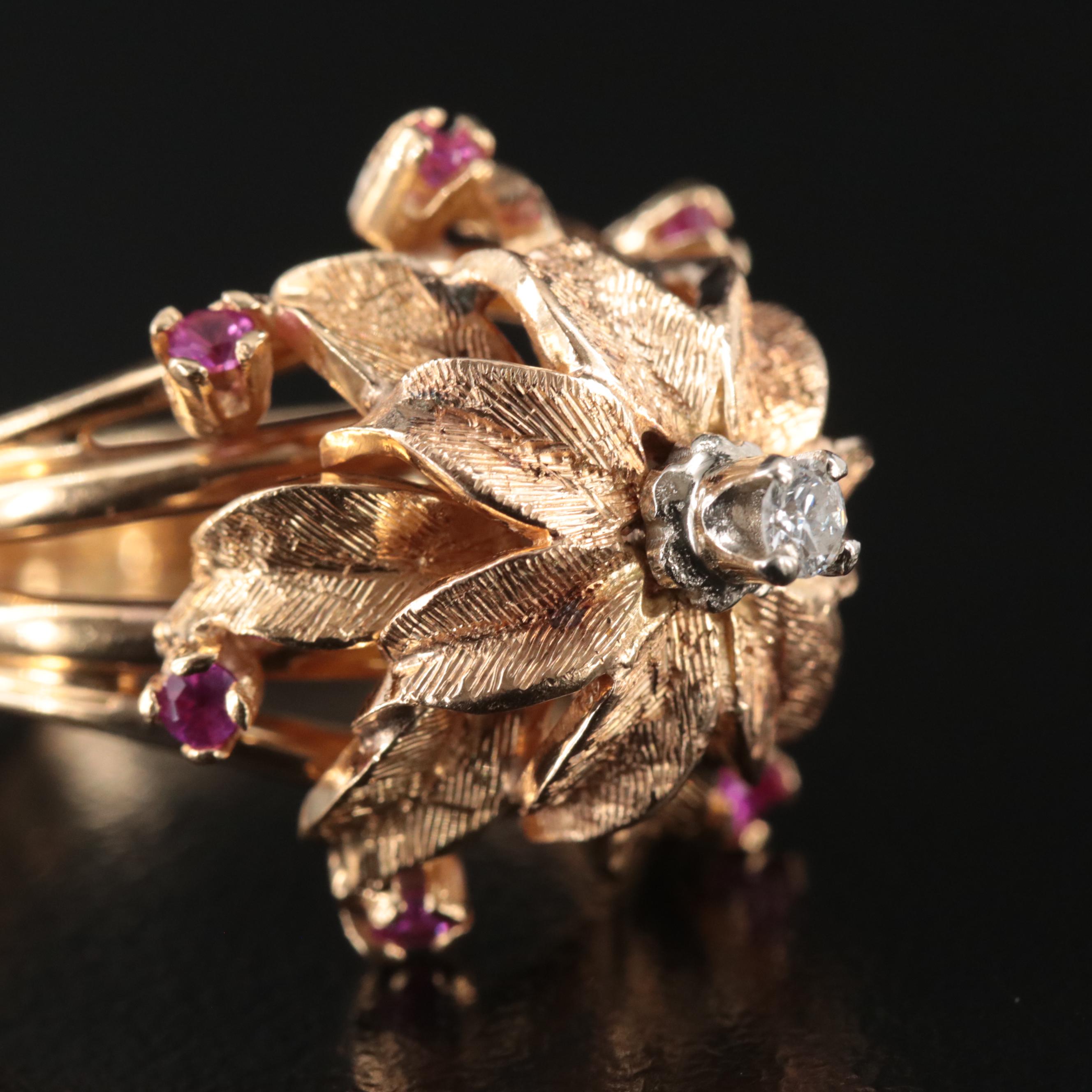 Vintage 18K Diamond and Ruby Flower Ring