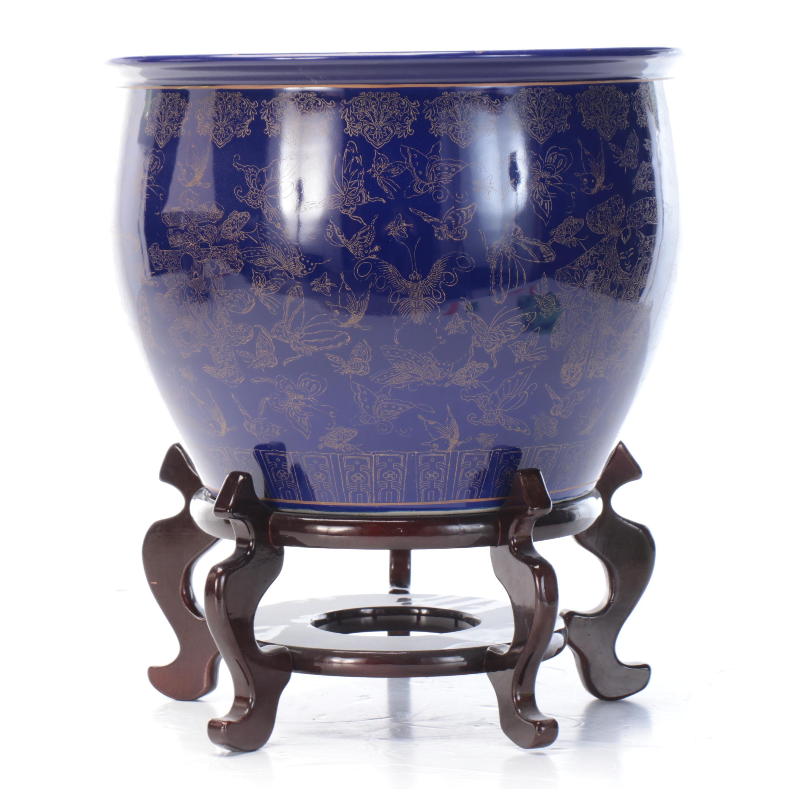 Chinese Cobalt and Gilt Ceramic Urn Table Lamp with Fishbowl Planter