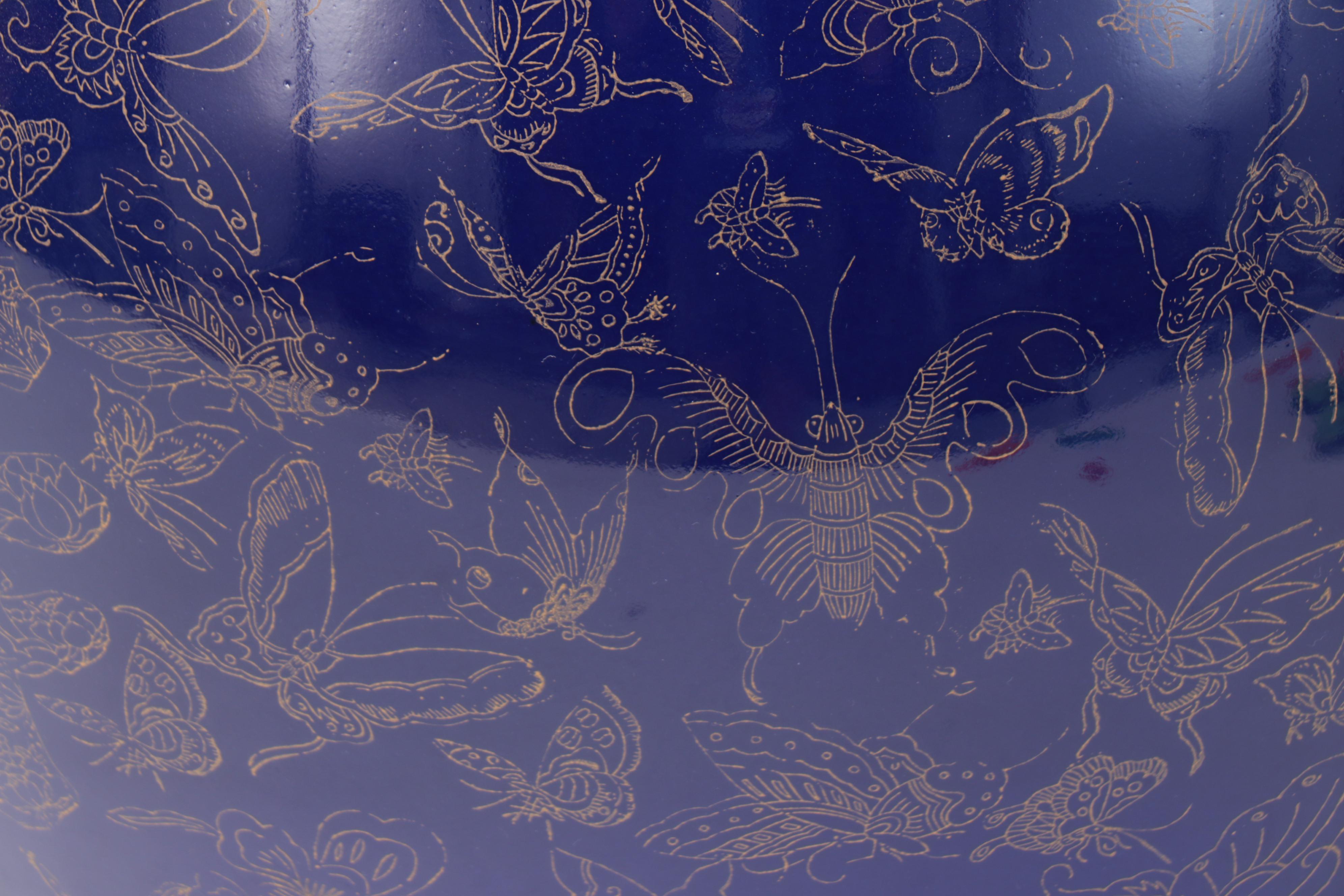 Chinese Cobalt and Gilt Ceramic Urn Table Lamp with Fishbowl Planter