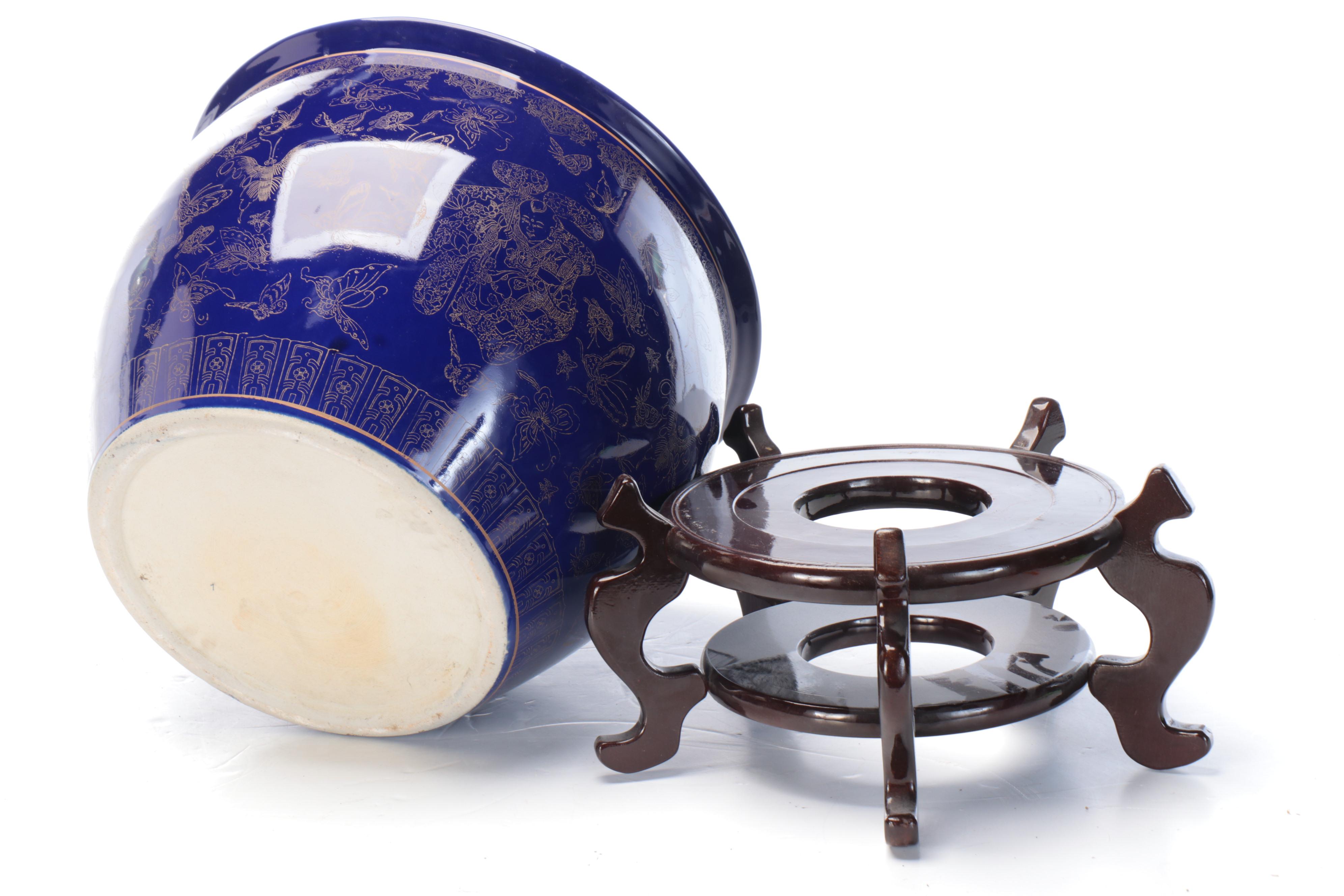 Chinese Cobalt and Gilt Ceramic Urn Table Lamp with Fishbowl Planter