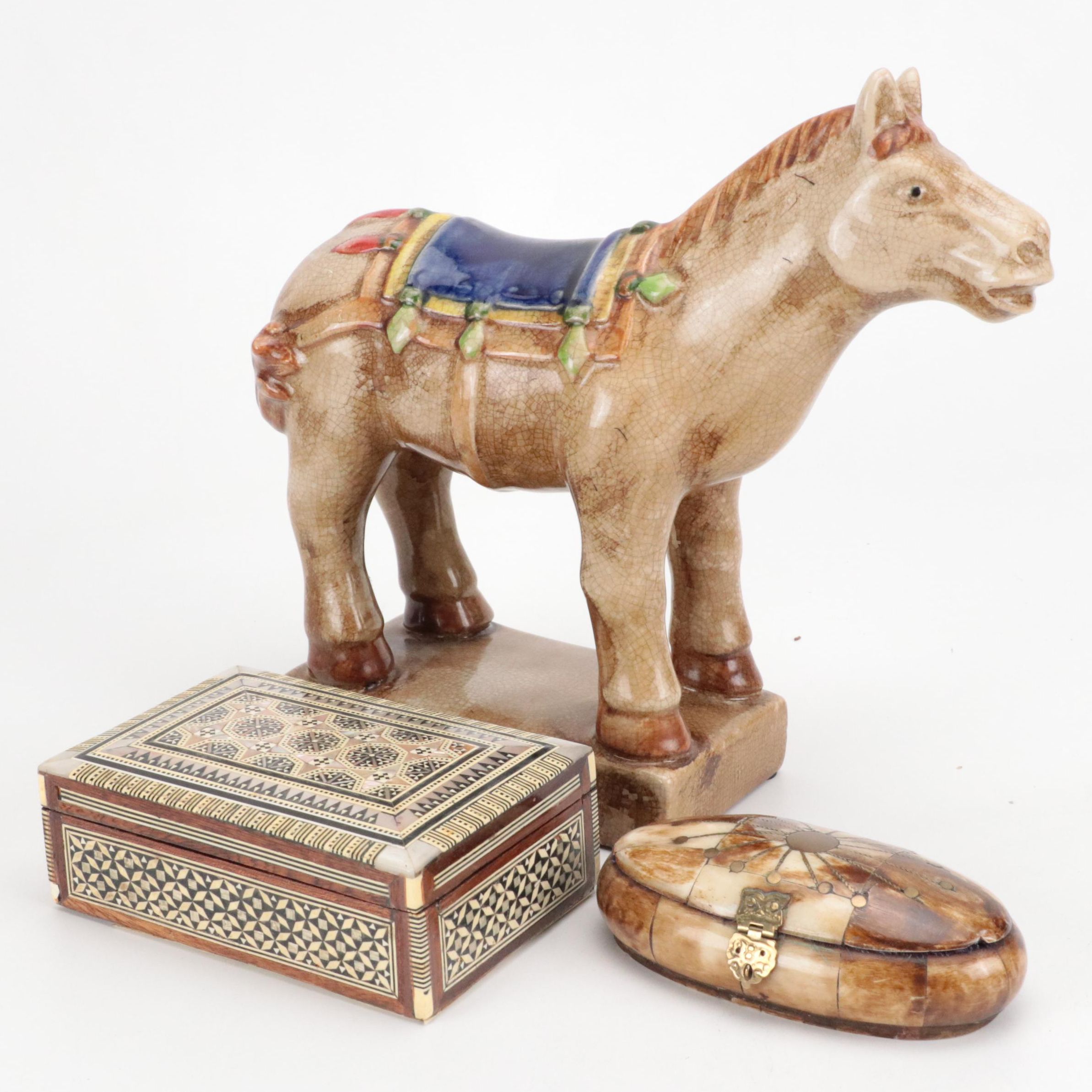 MOP, Bone, and Wood Marquetry Box, Camel Bone and Brass Box, and Ceramic Horse