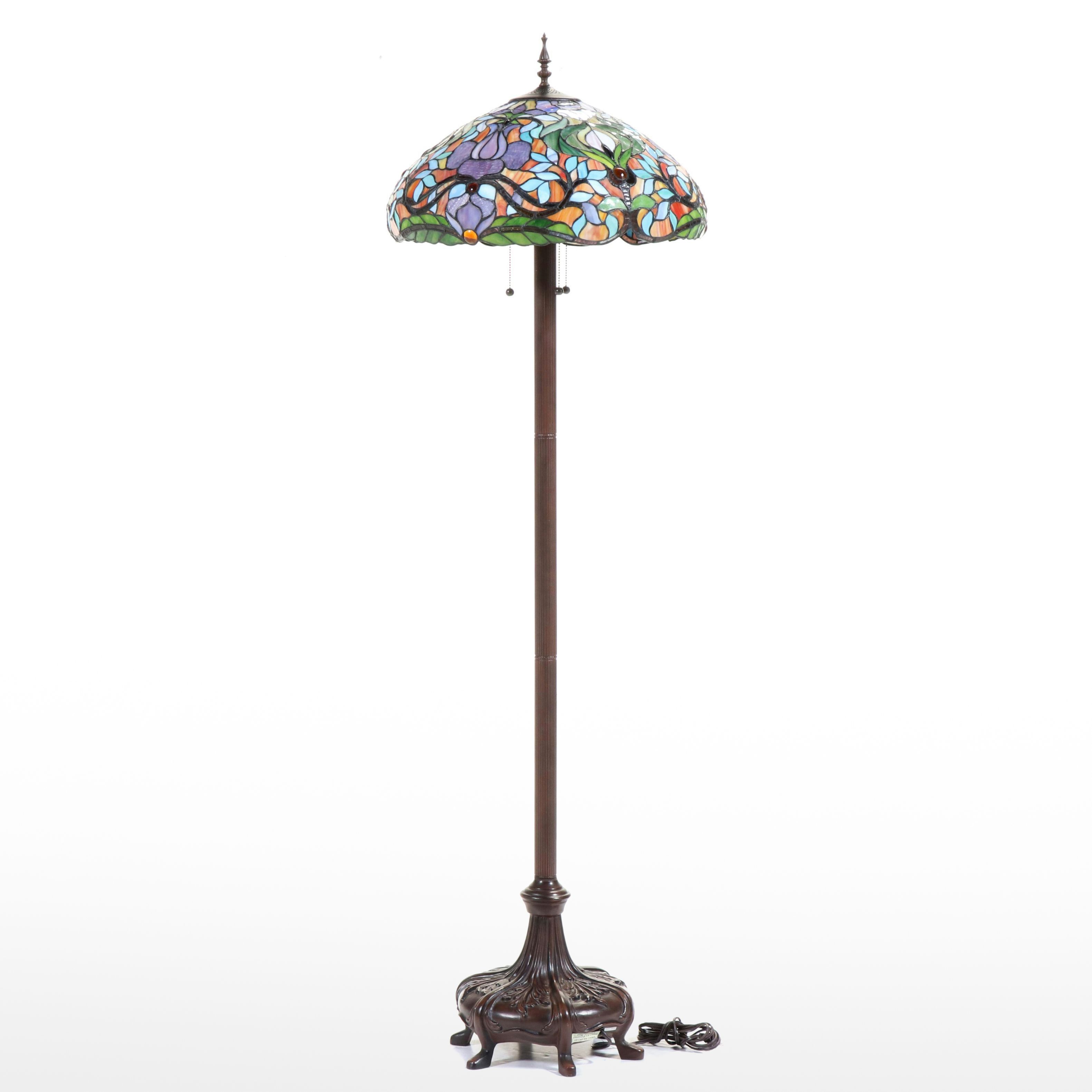 Cast Metal Arts & Crafts Style Metal Floor Lamp with Slag Glass & Jeweled Shade