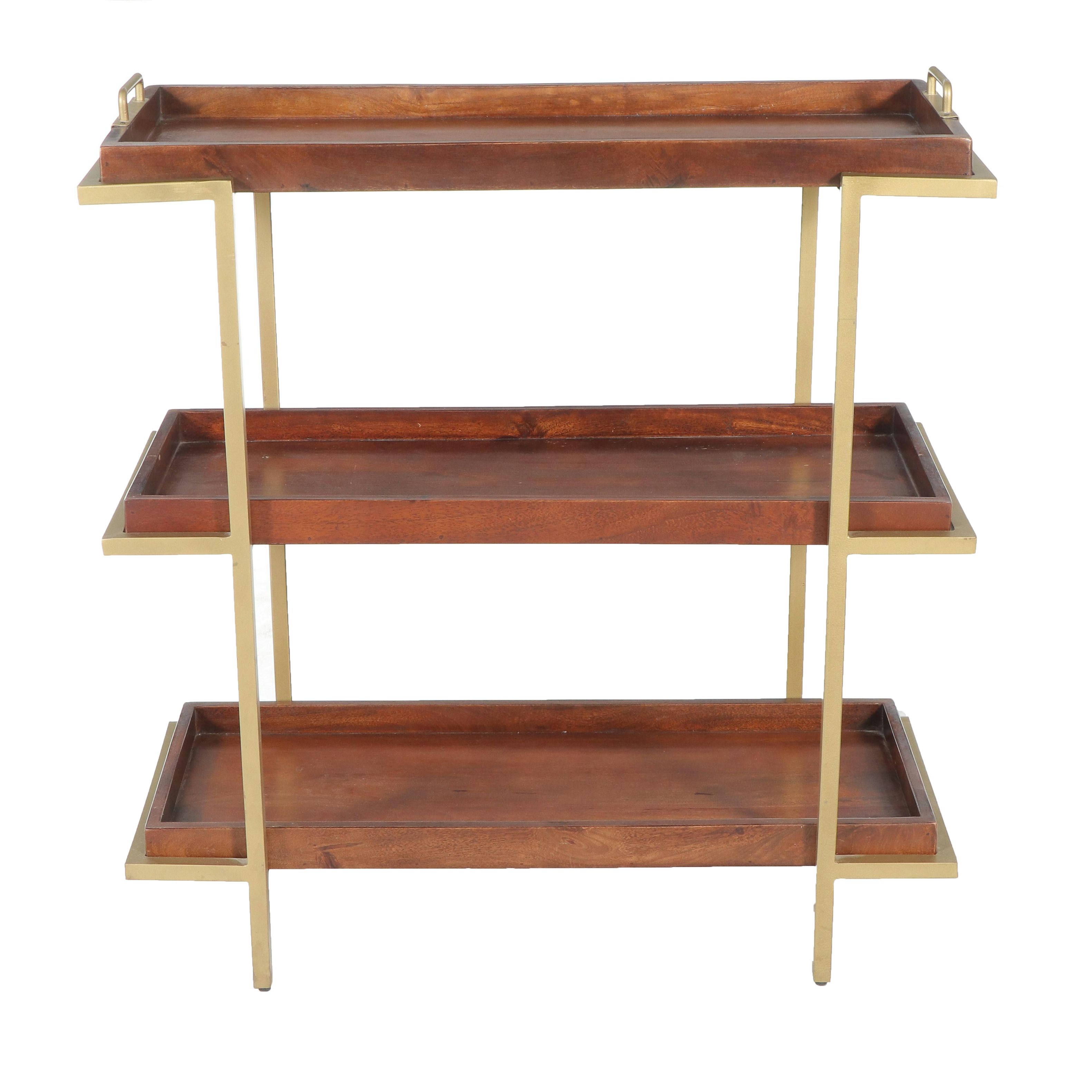 Modernist Style Gold Tone Metal and Wood Three-Tiered Étagère