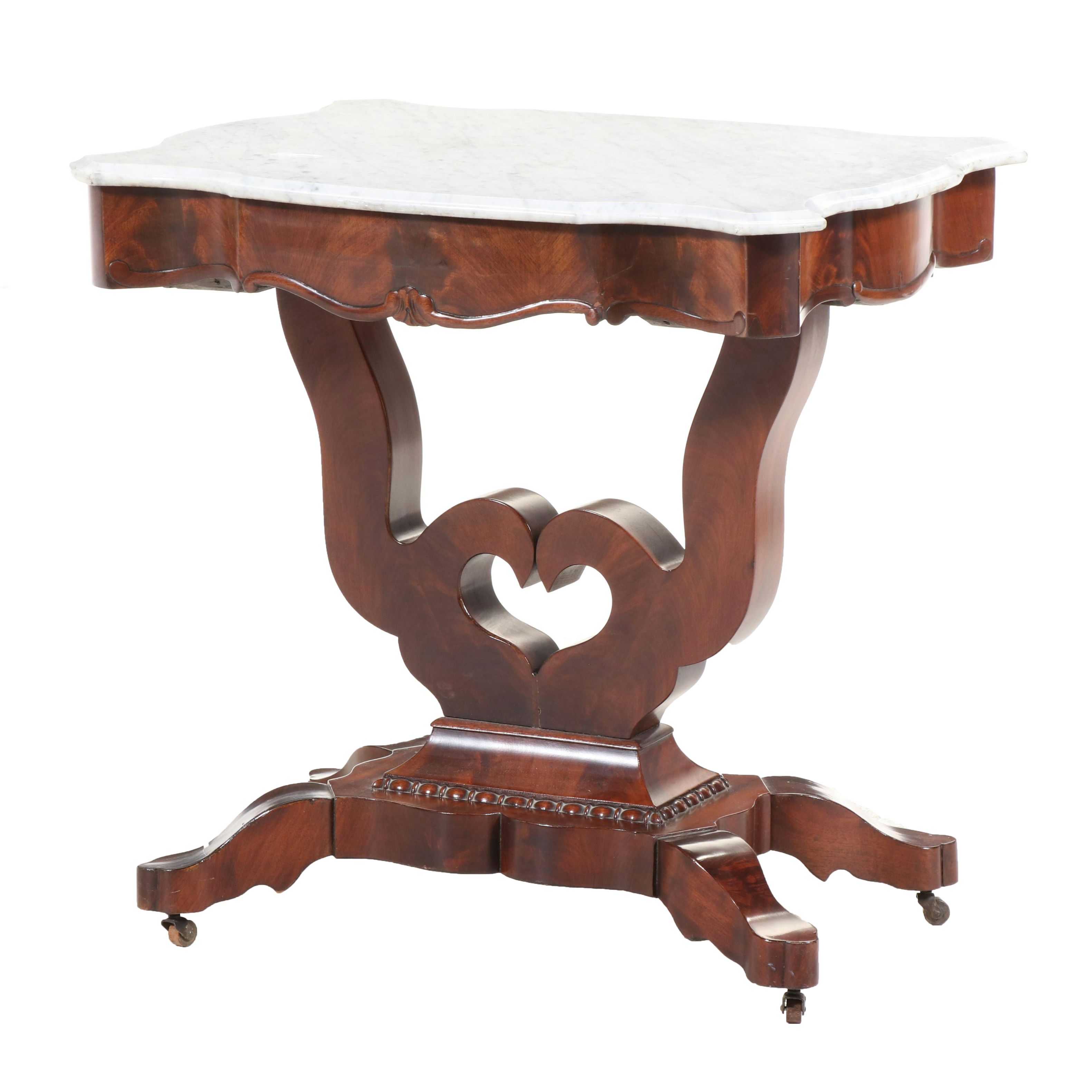 American Empire Flame Mahogany and Marble Top Parlor Table, Mid-19th Century