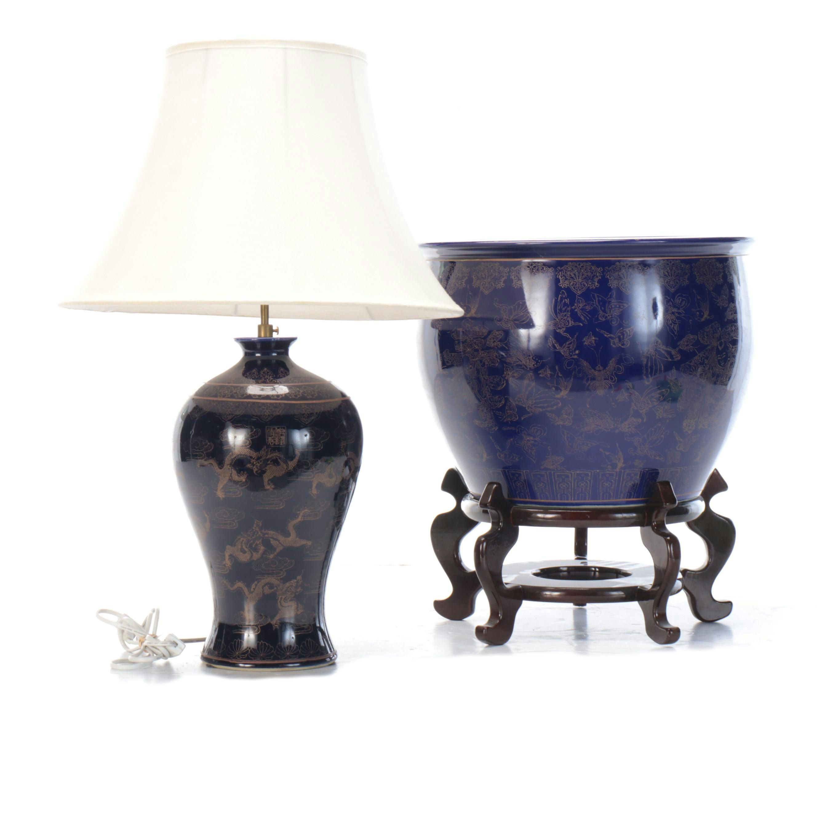 Chinese Cobalt and Gilt Ceramic Urn Table Lamp with Fishbowl Planter