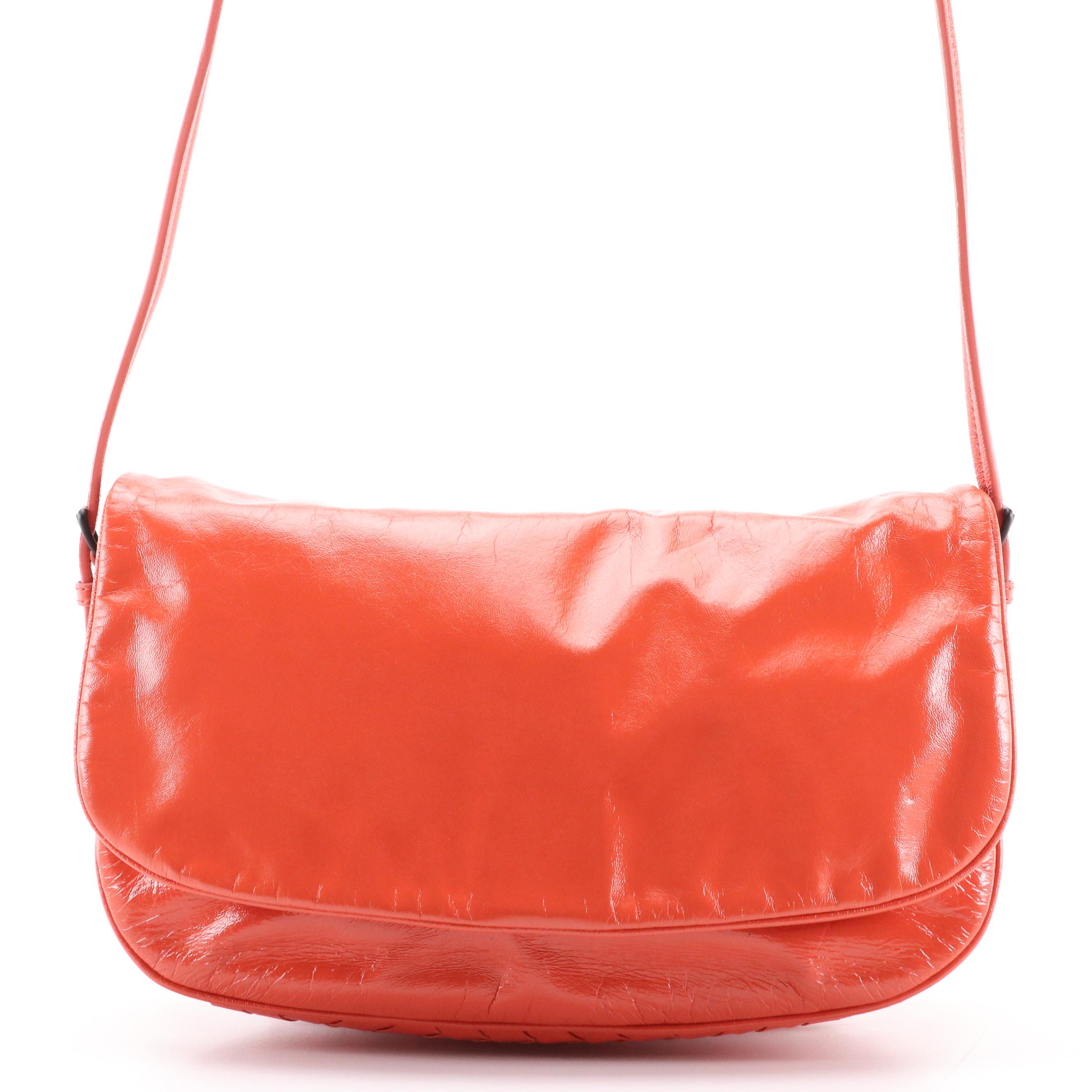 Bottega Veneta Front-Flap Crossbody Bag in Crumpled Coral Patent Leather