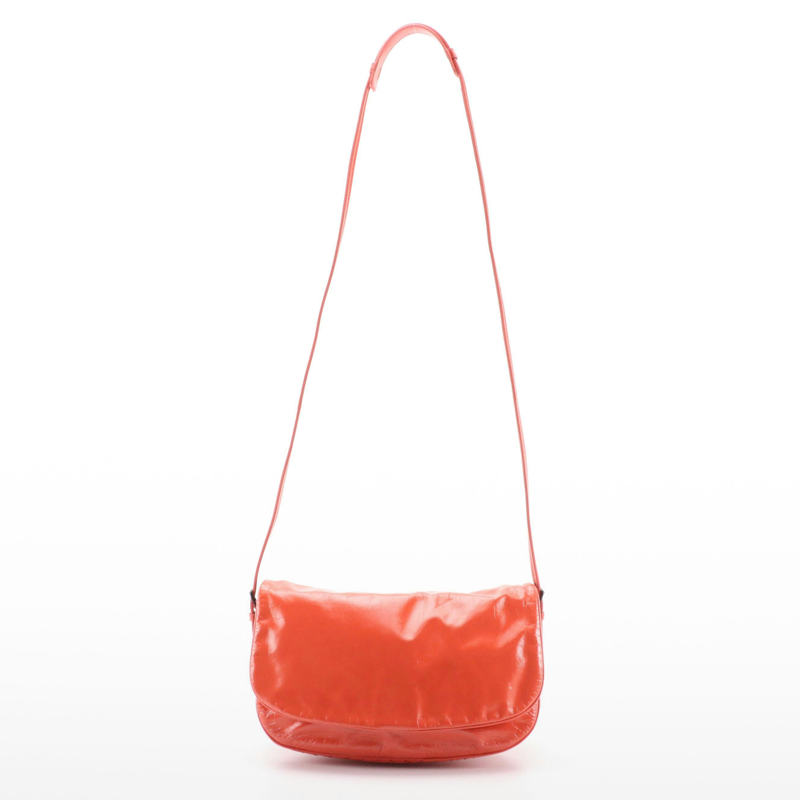 Bottega Veneta Front-Flap Crossbody Bag in Crumpled Coral Patent Leather
