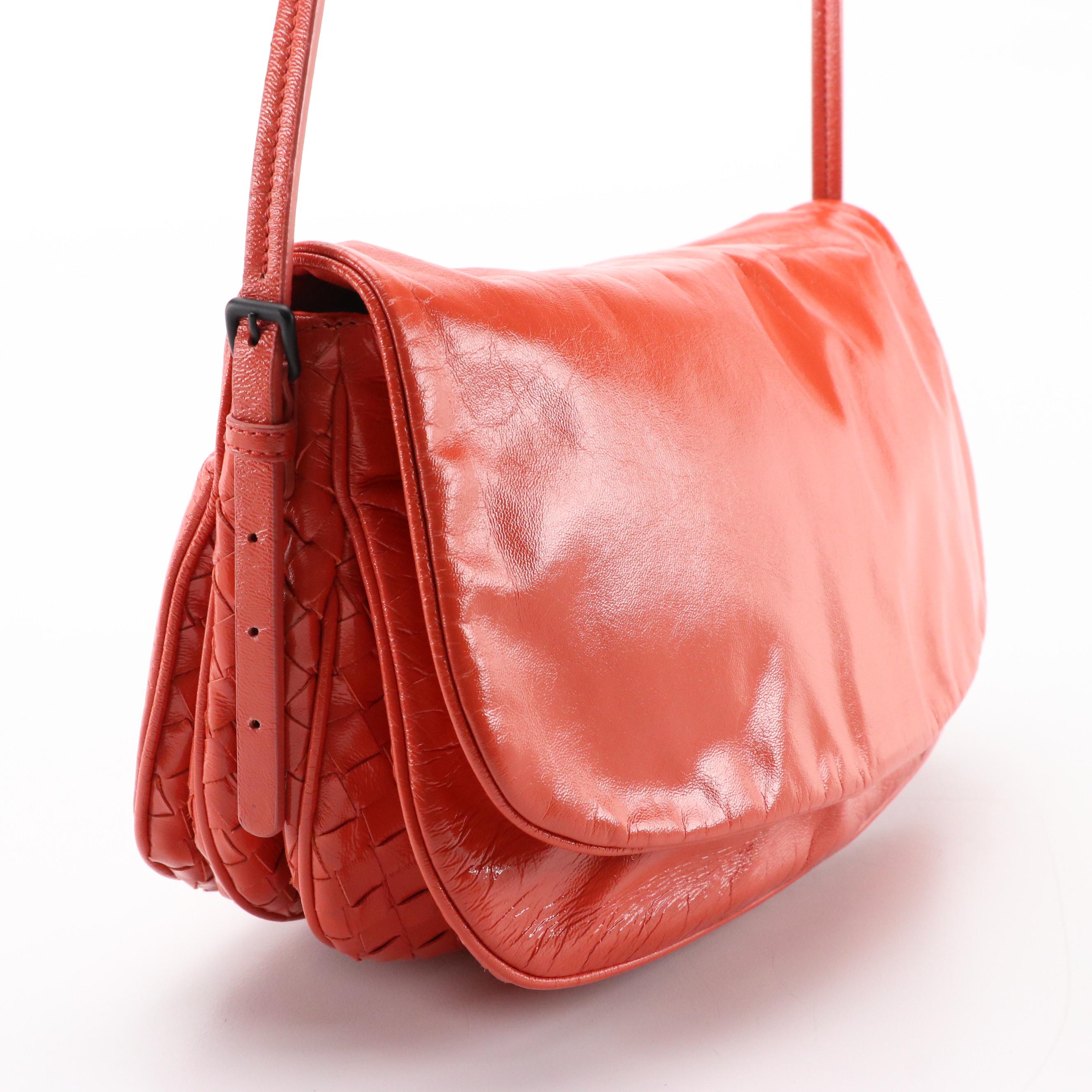 Bottega Veneta Front-Flap Crossbody Bag in Crumpled Coral Patent Leather