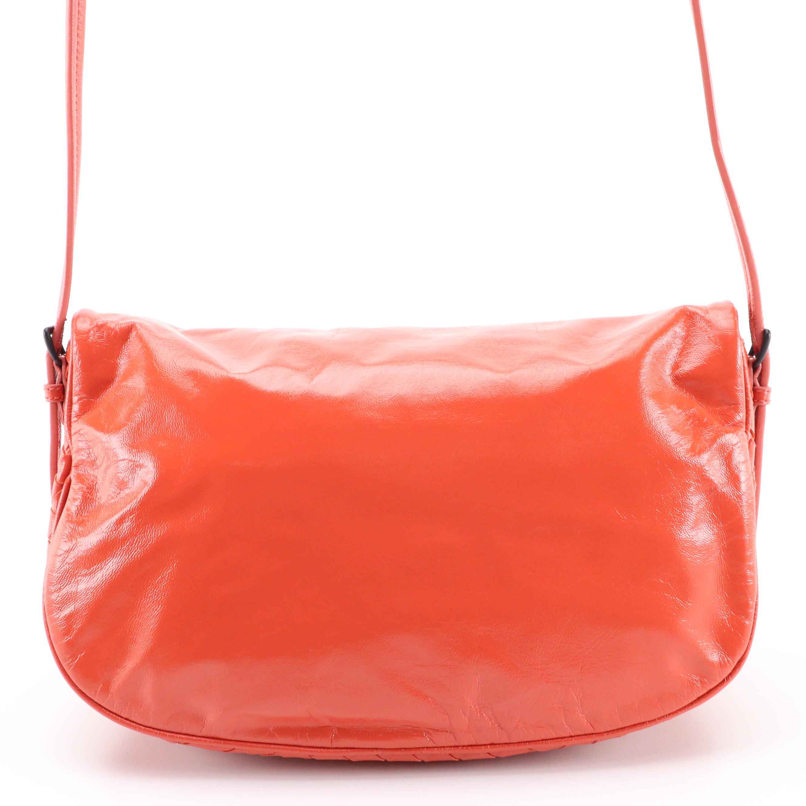 Bottega Veneta Front-Flap Crossbody Bag in Crumpled Coral Patent Leather