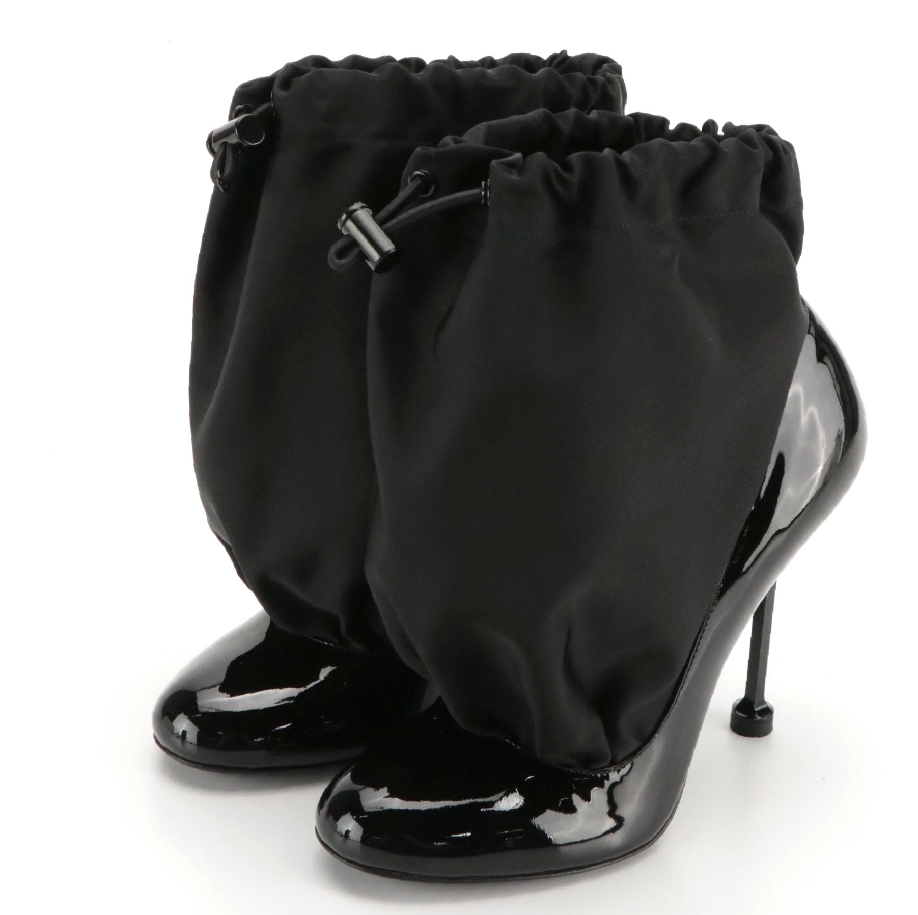 Prada Drawstring Ankle Block Heels in Black Patent Leather and Nylon with Box