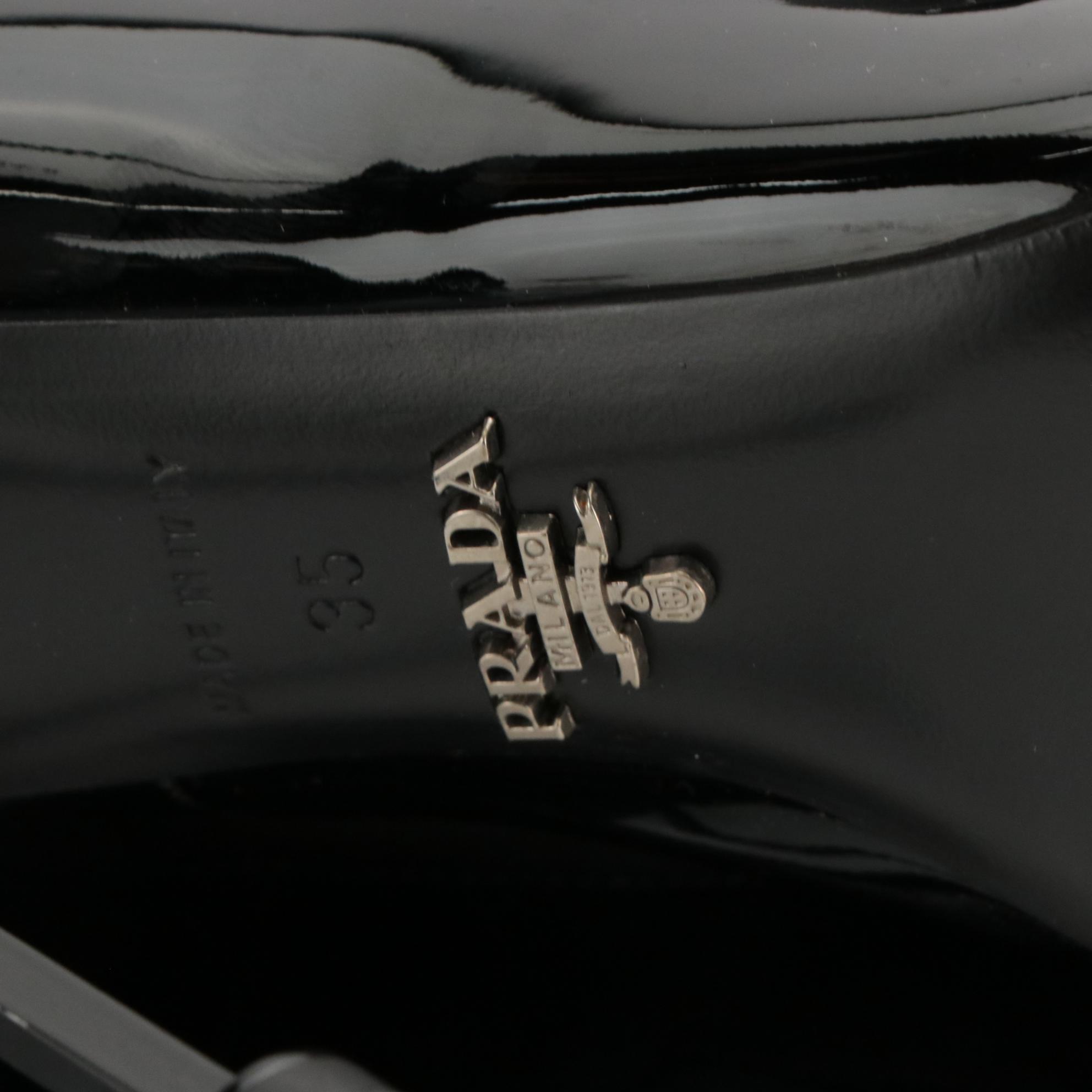 Prada Drawstring Ankle Block Heels in Black Patent Leather and Nylon with Box