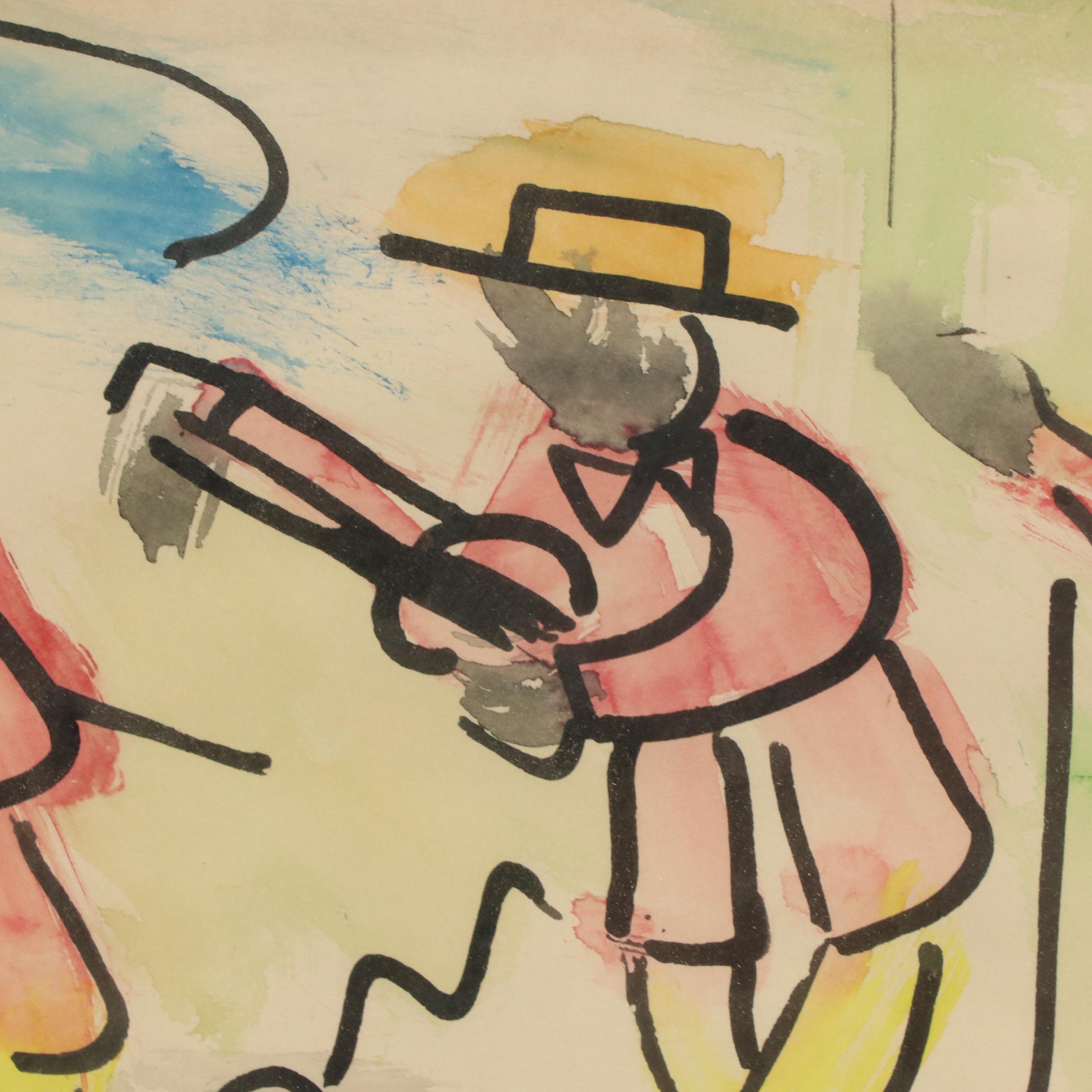 Ink and Watercolor Drawing of Vaudeville Banjo Performers