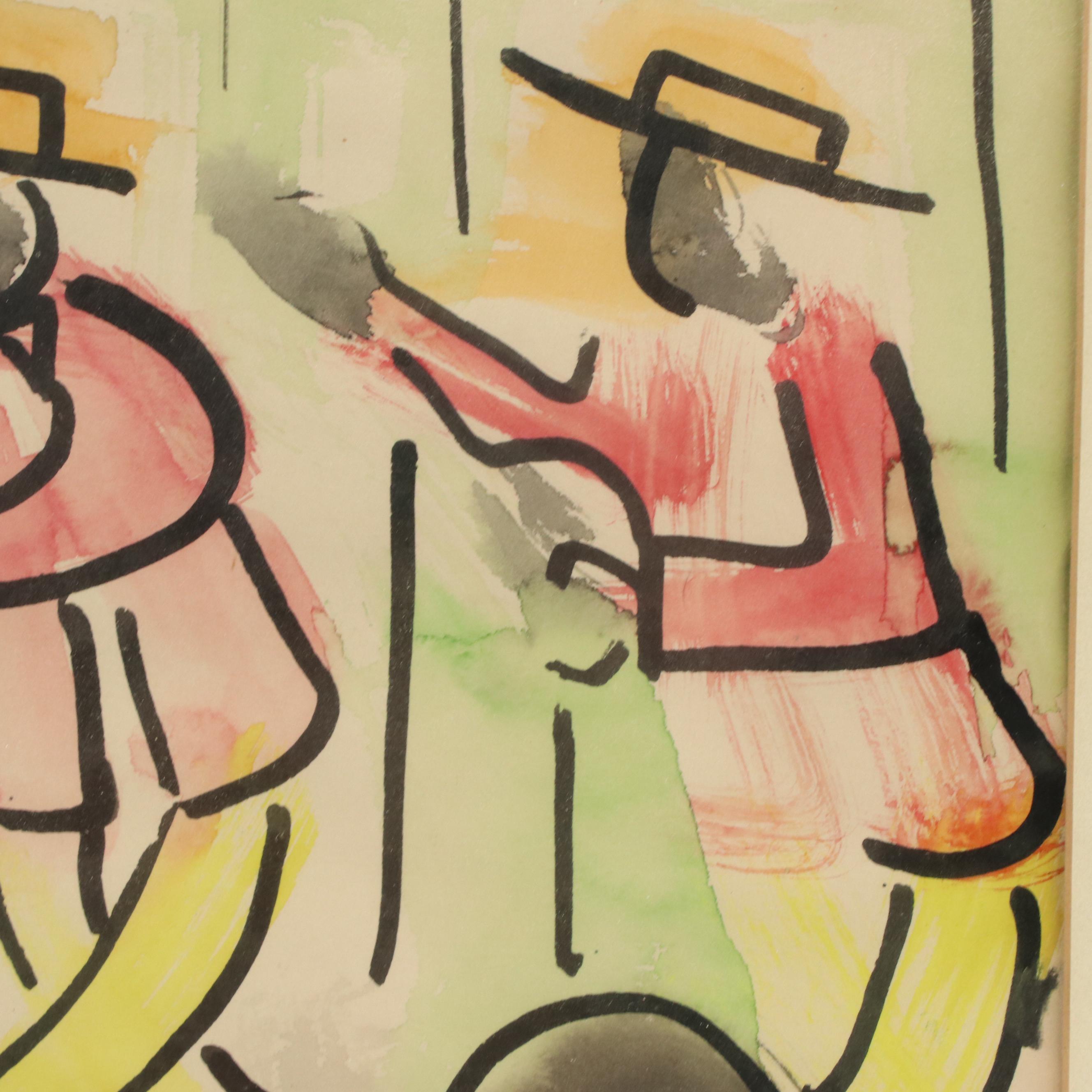 Ink and Watercolor Drawing of Vaudeville Banjo Performers