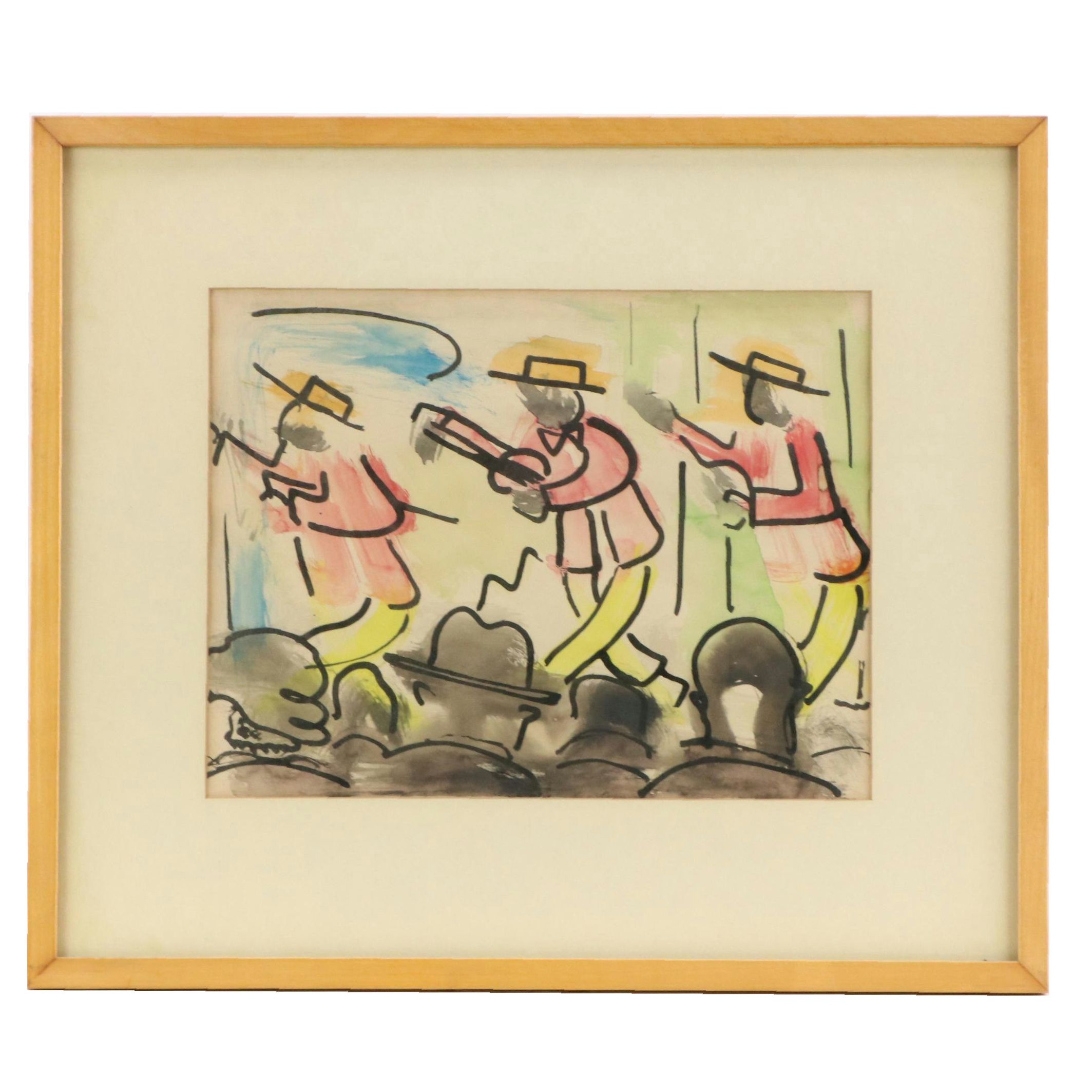 Ink and Watercolor Drawing of Vaudeville Banjo Performers