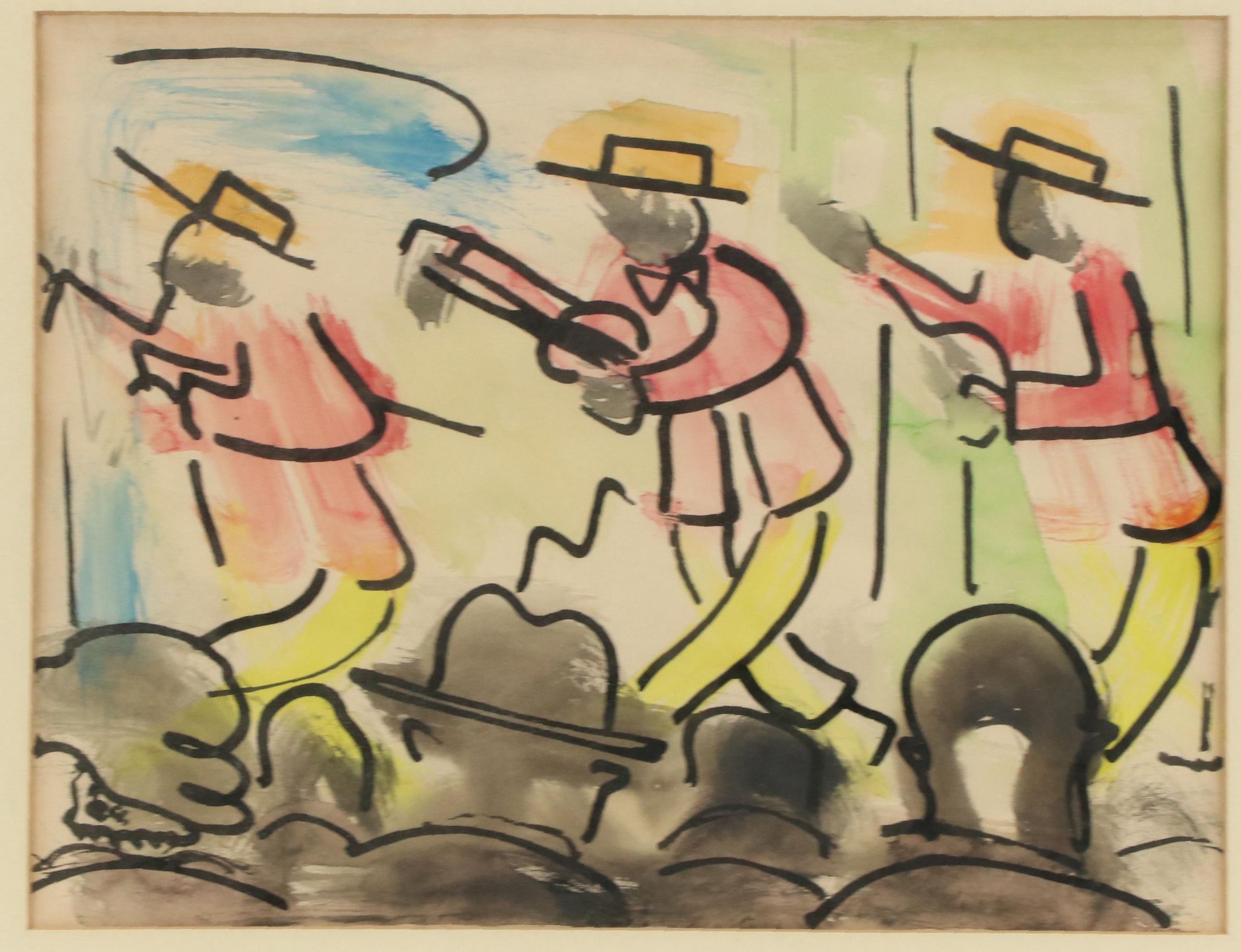 Ink and Watercolor Drawing of Vaudeville Banjo Performers