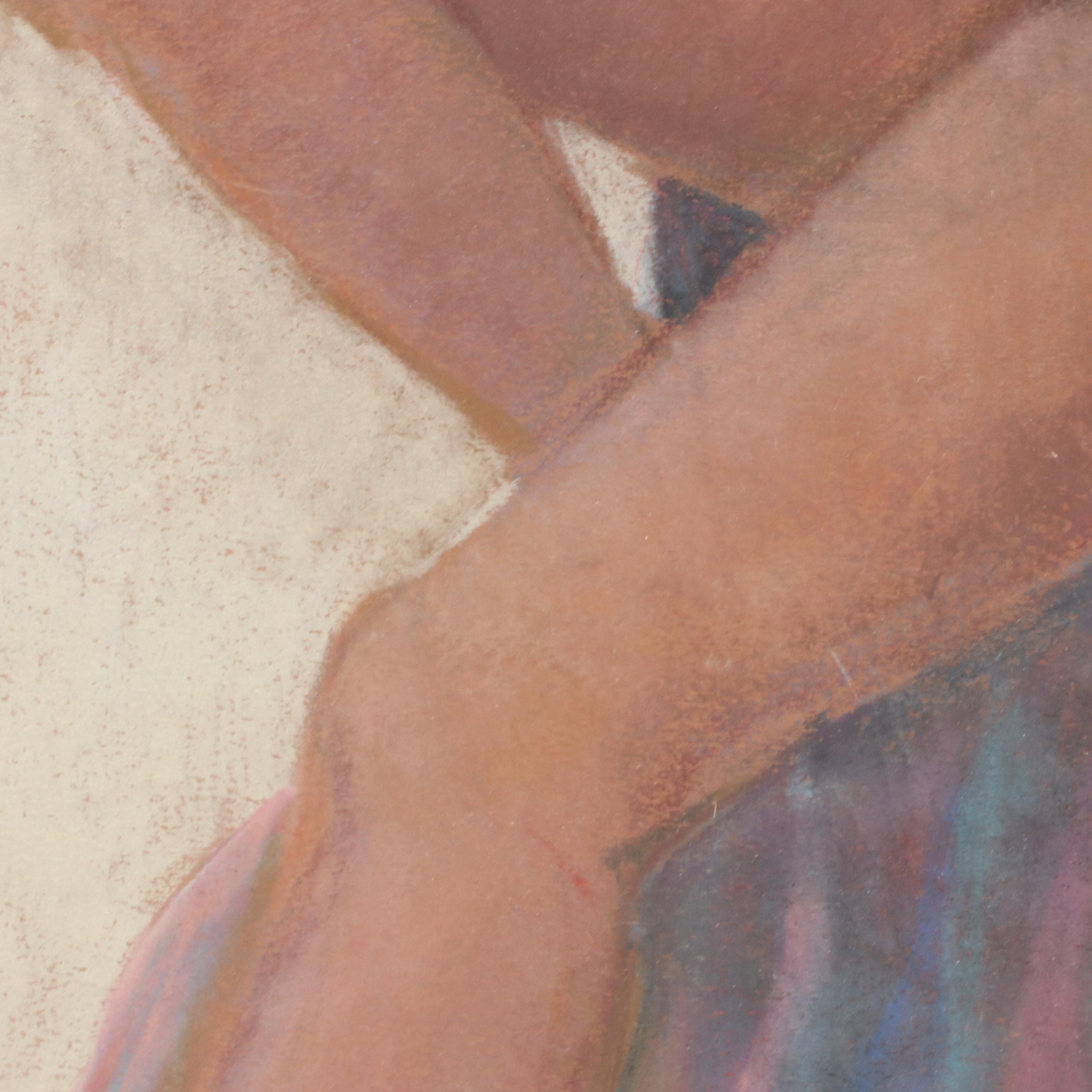 Madlyn Woolwich Pastel Figure Drawing of Seated Female Nude in Hat