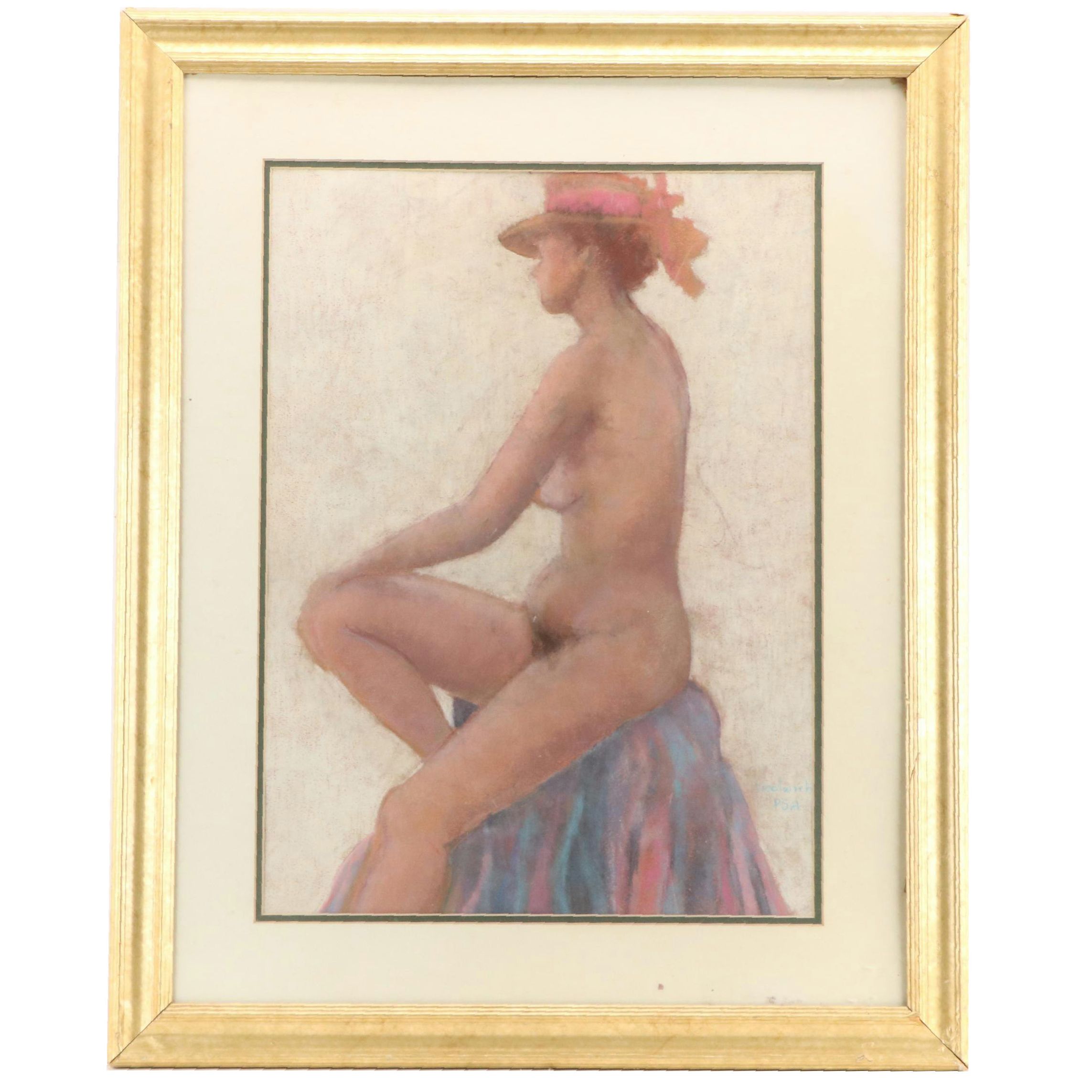 Madlyn Woolwich Pastel Figure Drawing of Seated Female Nude in Hat