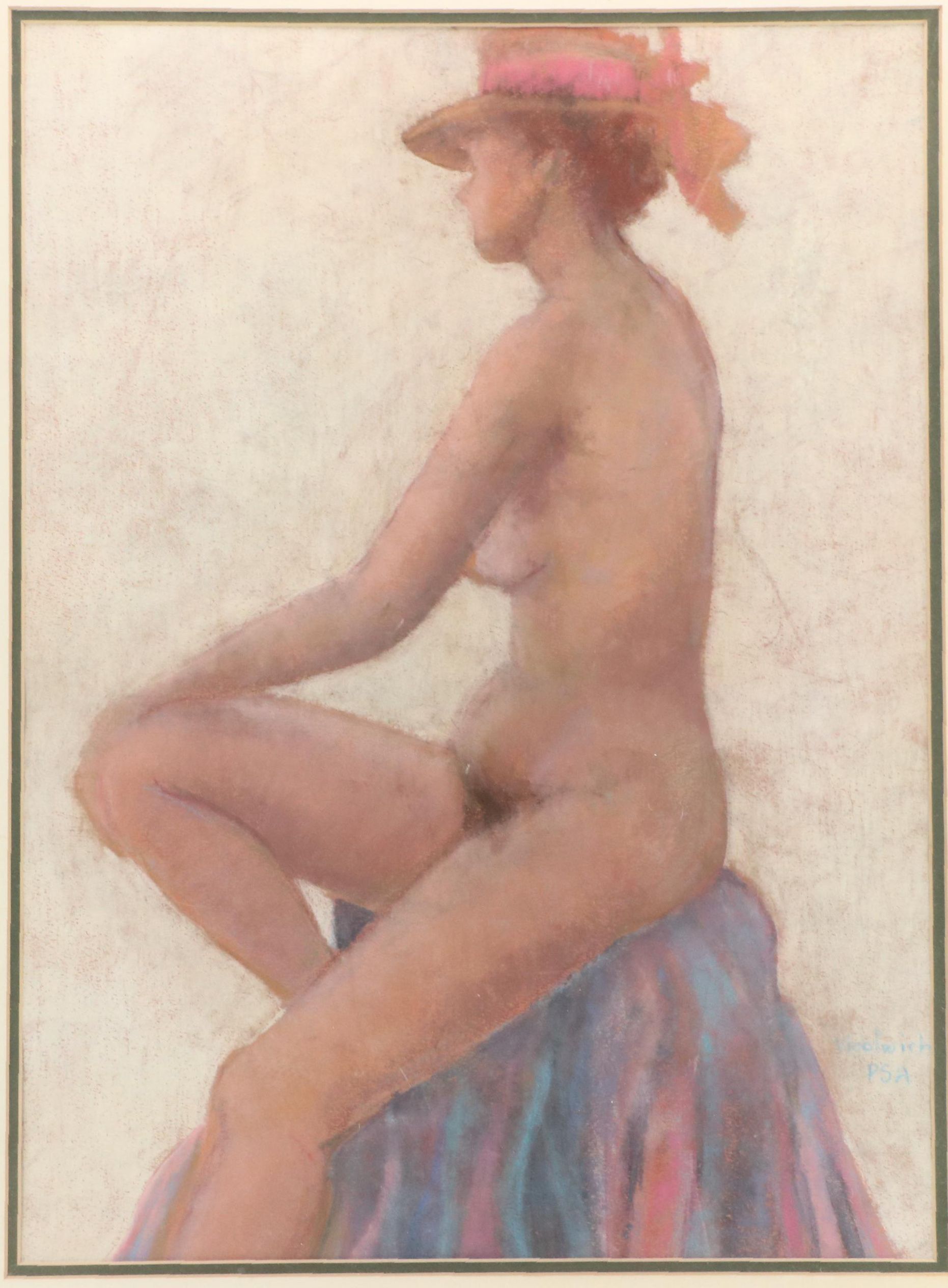 Madlyn Woolwich Pastel Figure Drawing of Seated Female Nude in Hat