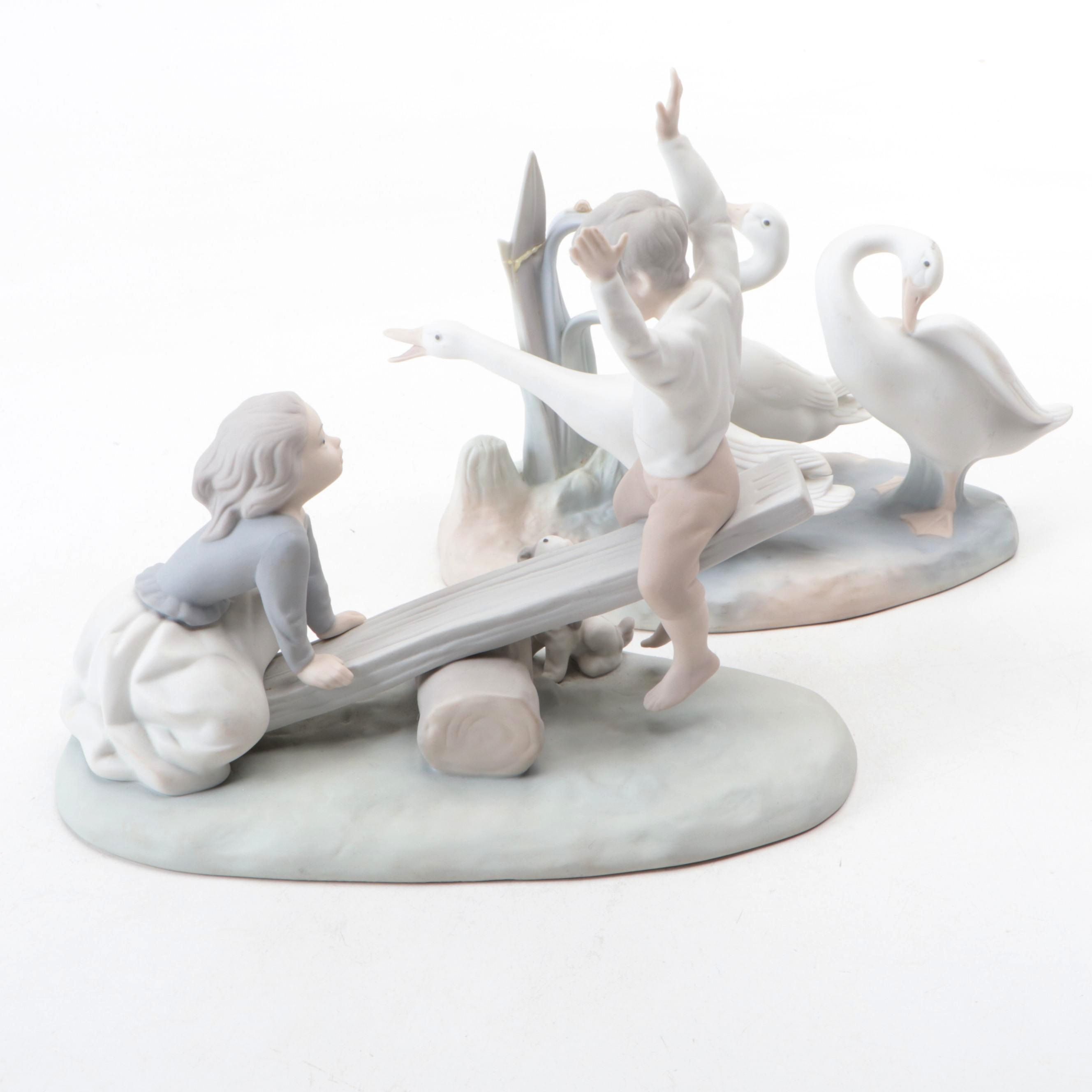 Lladró "Seesaw" and "Geese Group" Porcelain Figurines by Fulgencio García