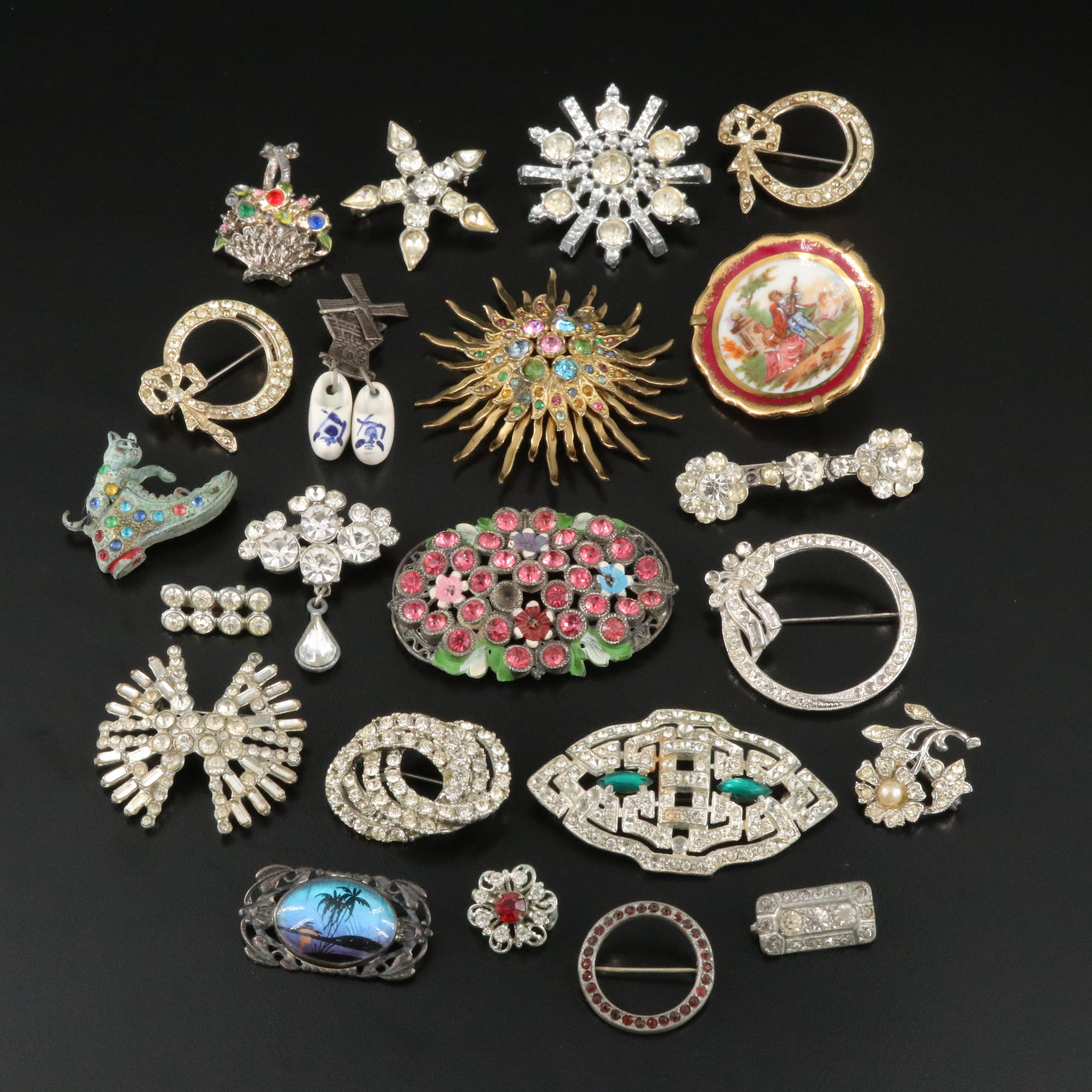 Vintage Brooch Assortment Including Rhinestones and Blue Morpho Butterfly Wing