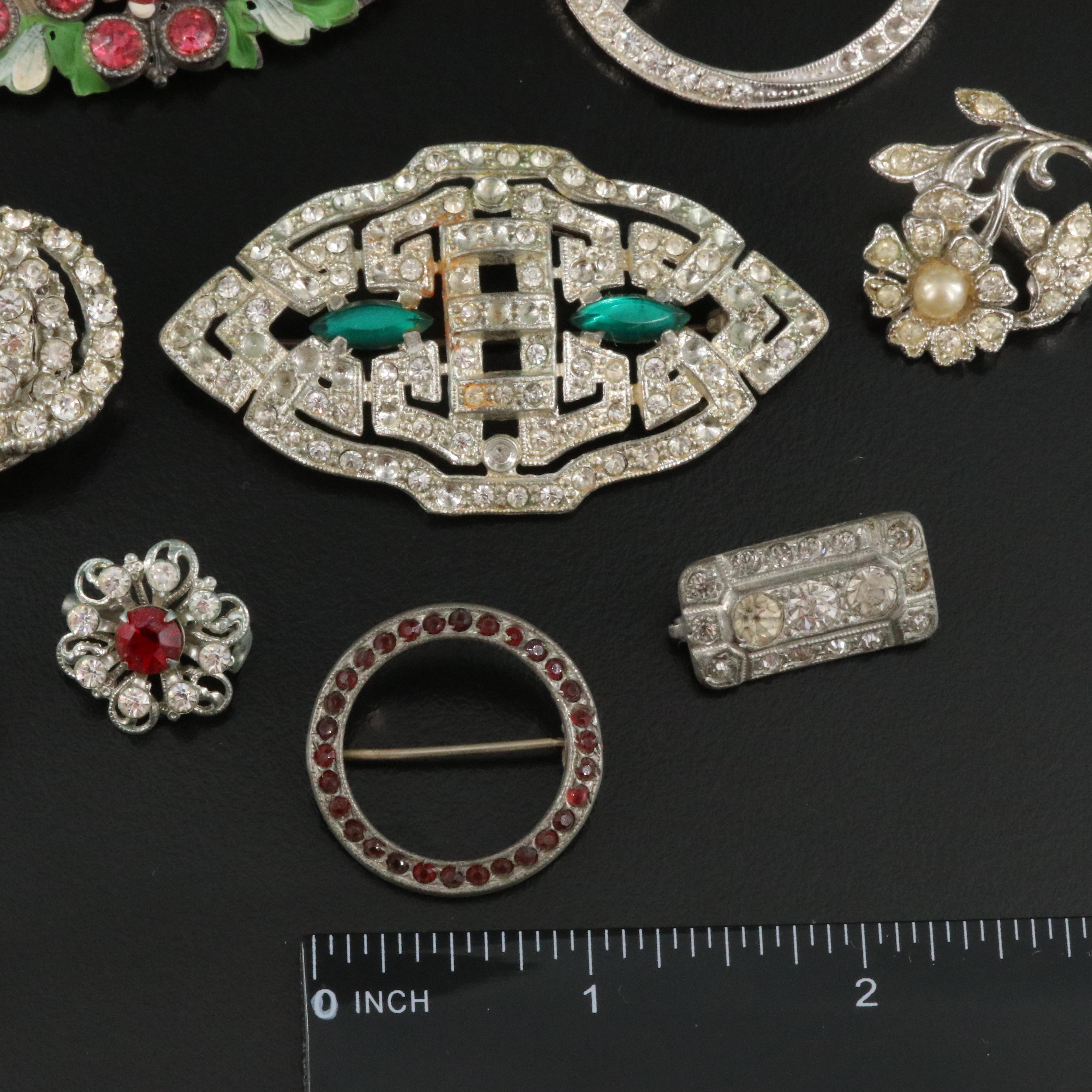 Vintage Brooch Assortment Including Rhinestones and Blue Morpho Butterfly Wing