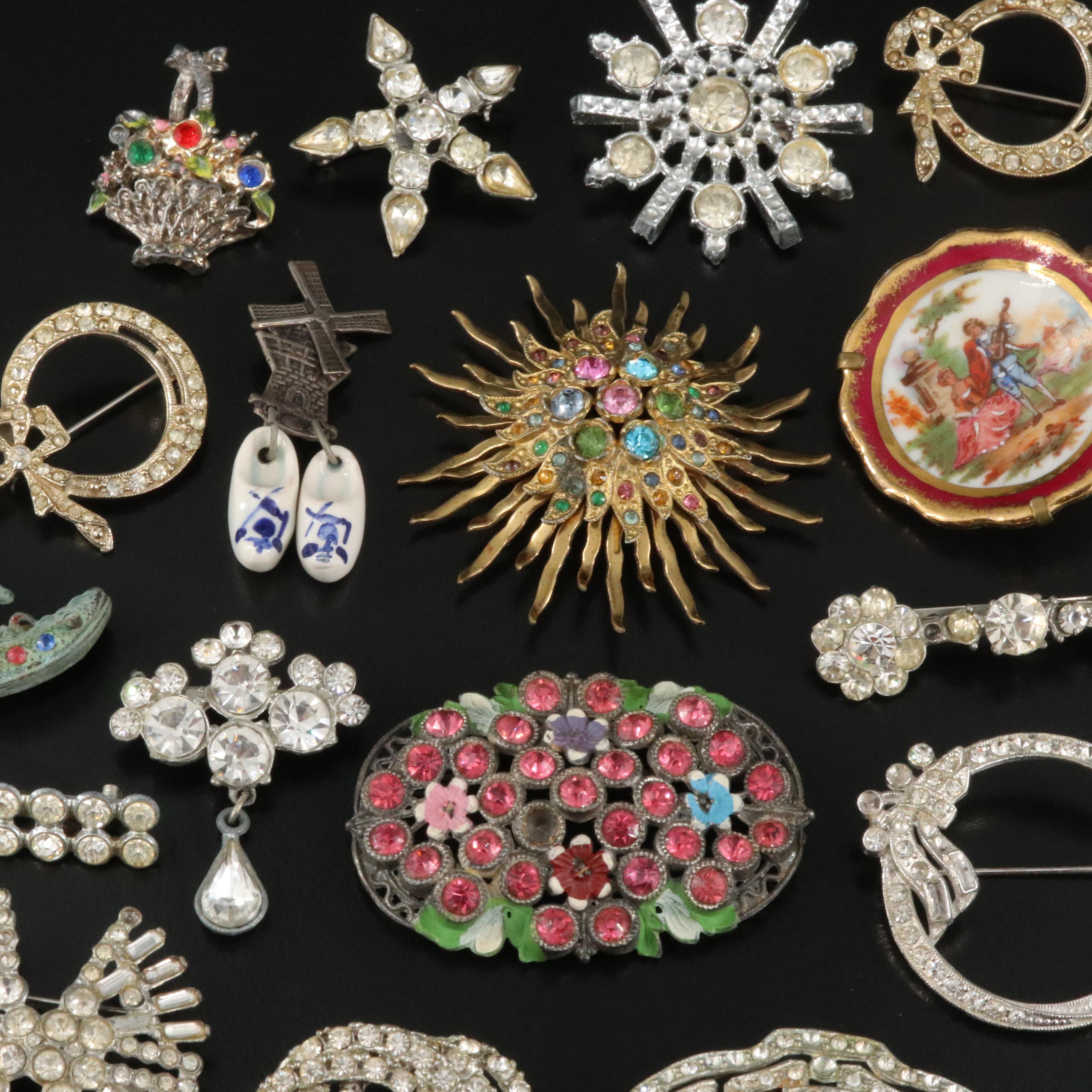 Vintage Brooch Assortment Including Rhinestones and Blue Morpho Butterfly Wing