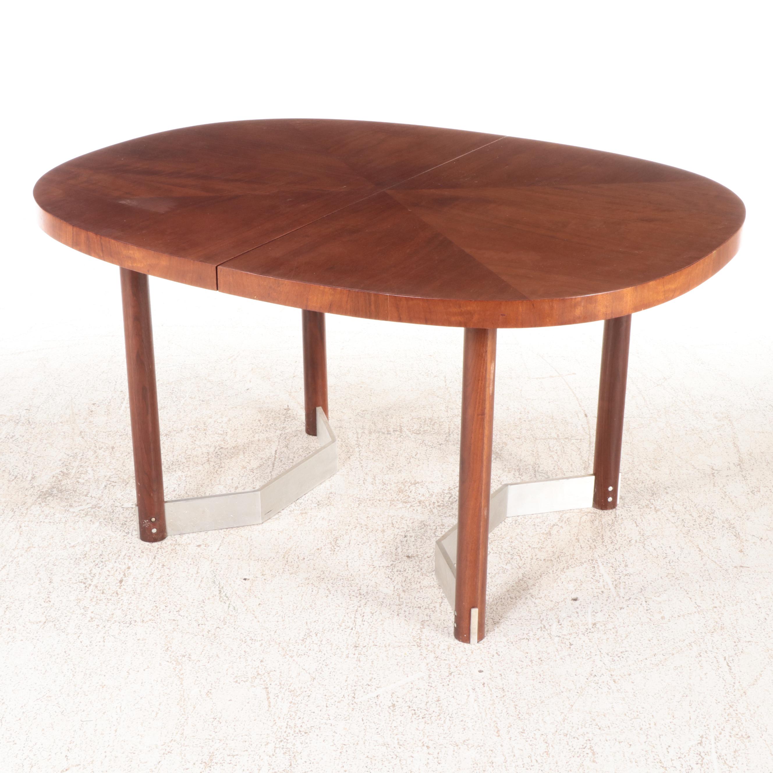 Assembled Five-Piece Modernist Walnut, Aluminum, and Brushed Steel Dining Set