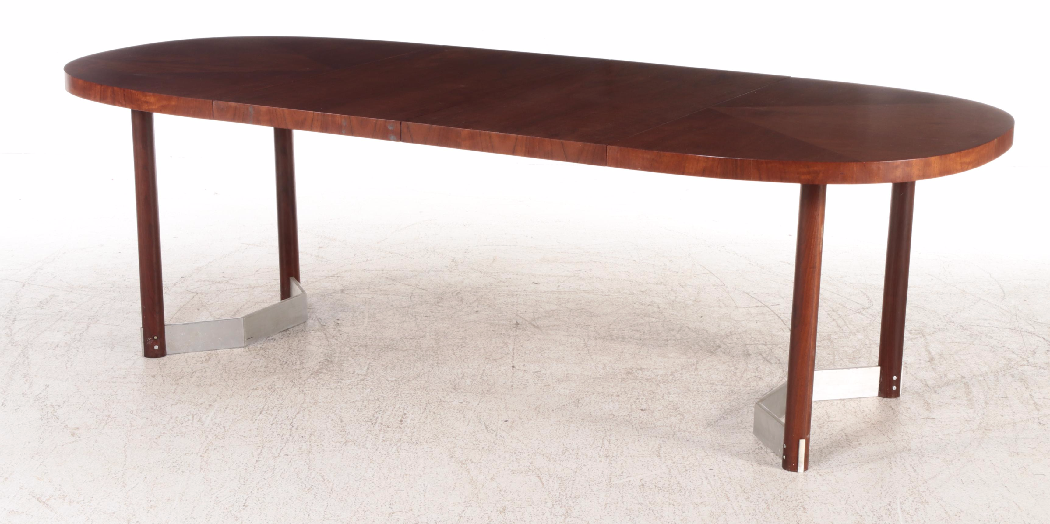 Assembled Five-Piece Modernist Walnut, Aluminum, and Brushed Steel Dining Set