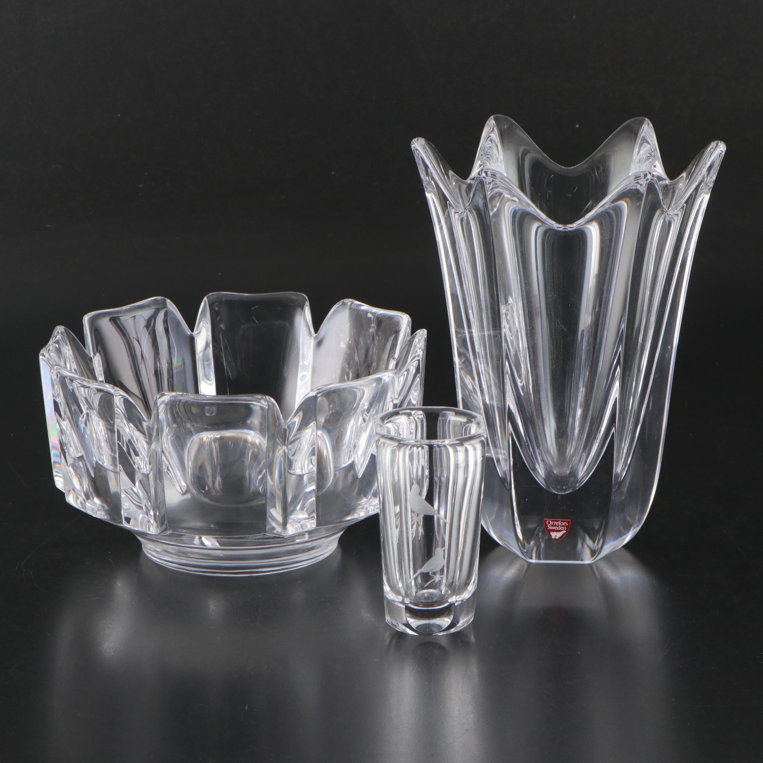 Orrefors "Belle" Crystal Vase with "Corona" Bowl and Etched Birds Vase