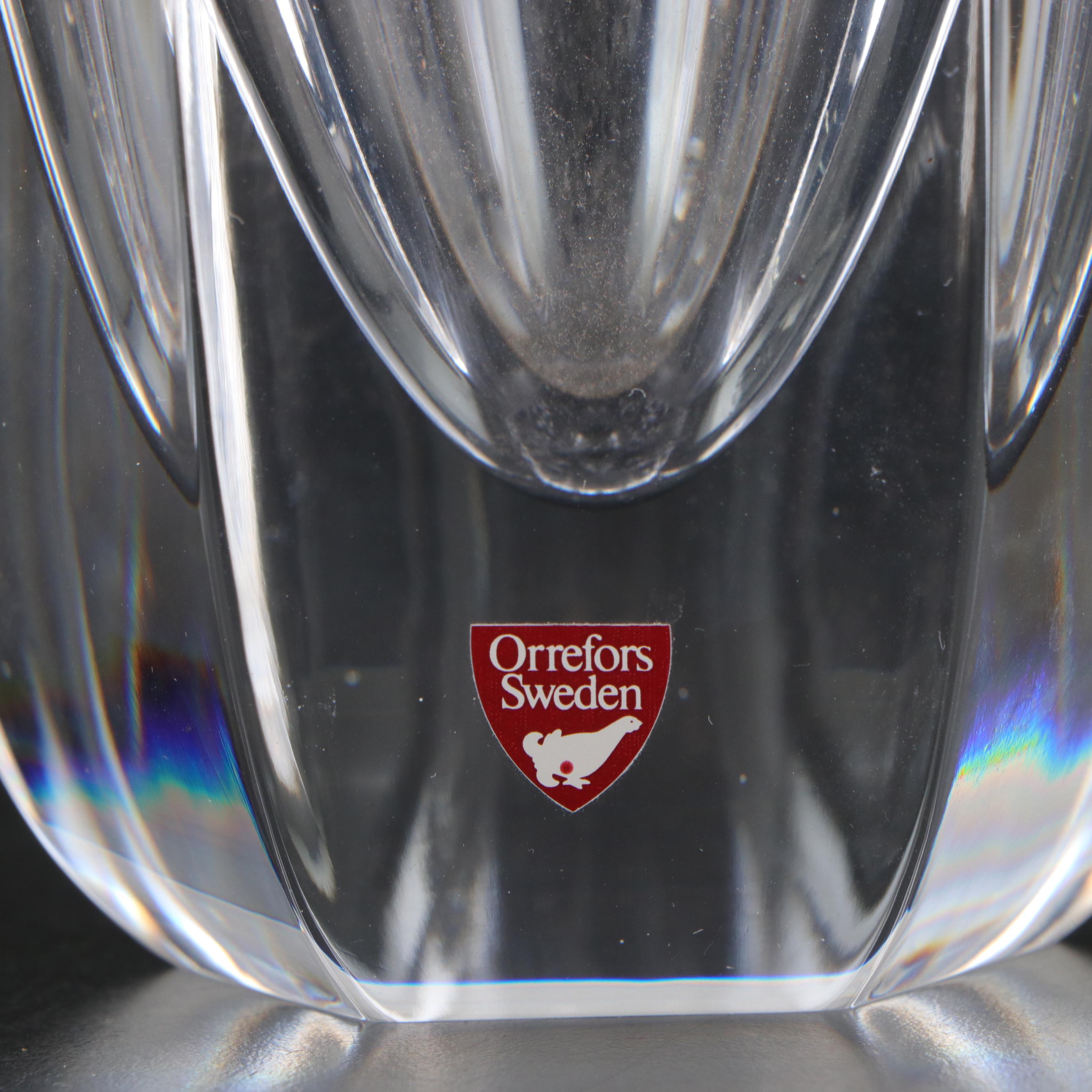 Orrefors "Belle" Crystal Vase with "Corona" Bowl and Etched Birds Vase