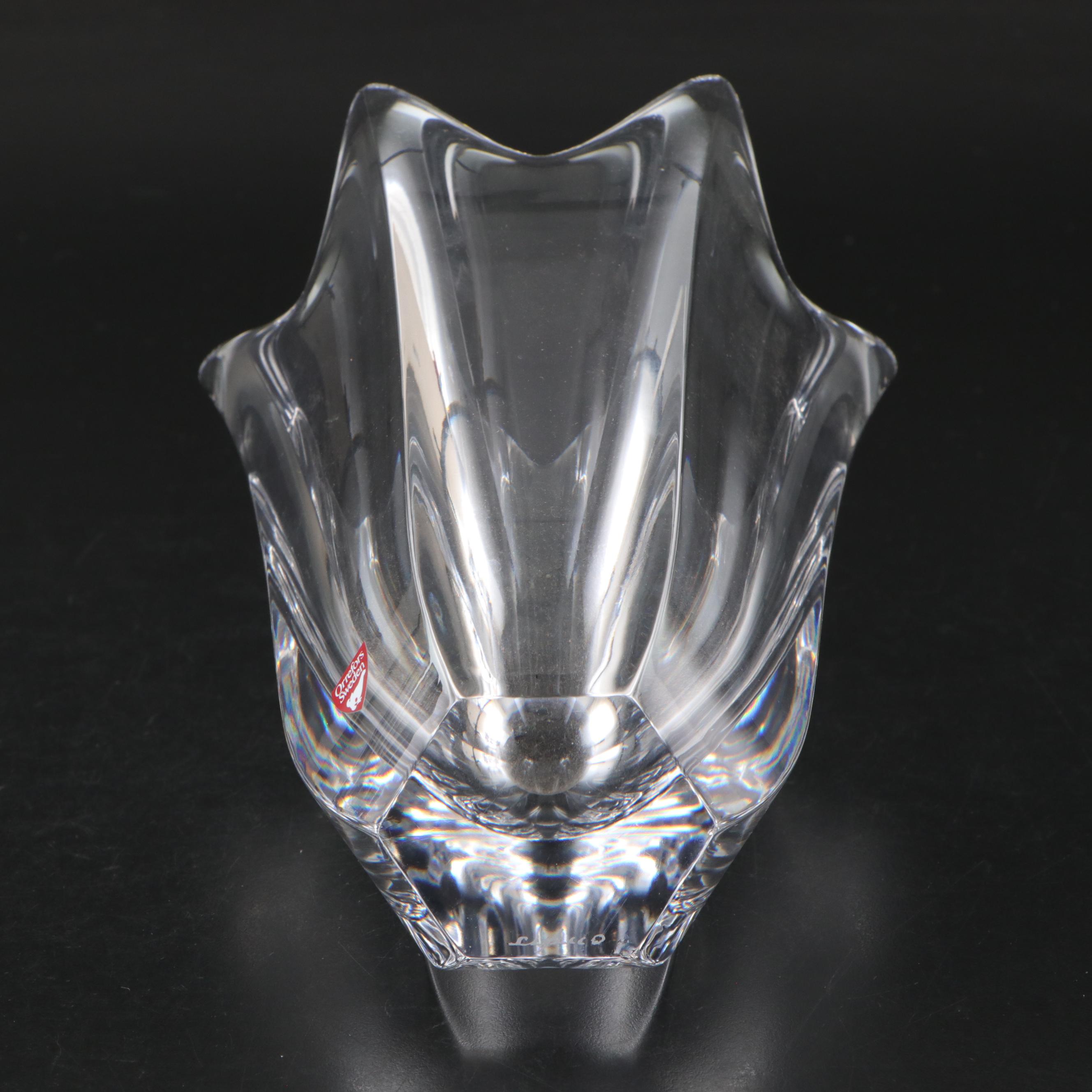 Orrefors "Belle" Crystal Vase with "Corona" Bowl and Etched Birds Vase