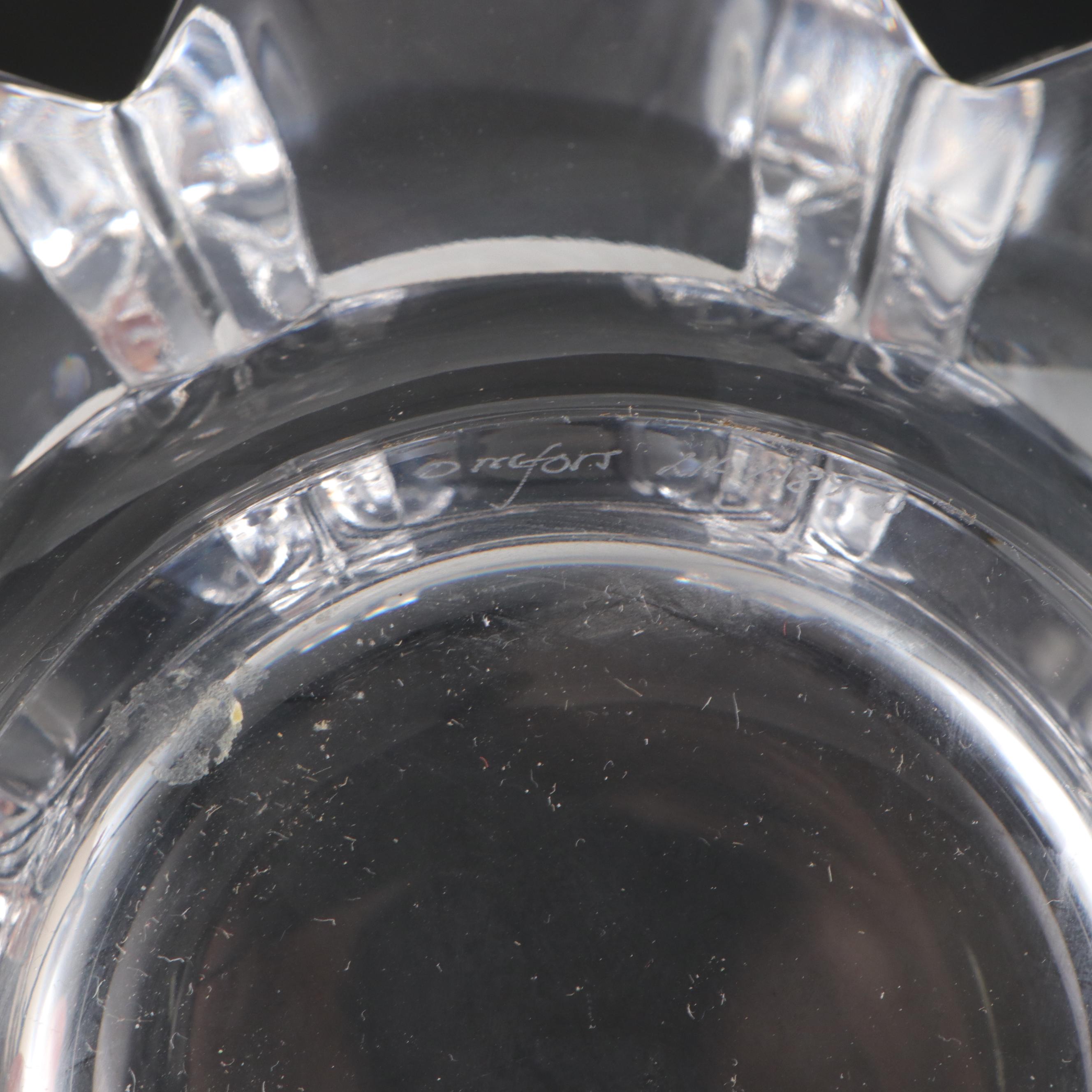 Orrefors "Belle" Crystal Vase with "Corona" Bowl and Etched Birds Vase