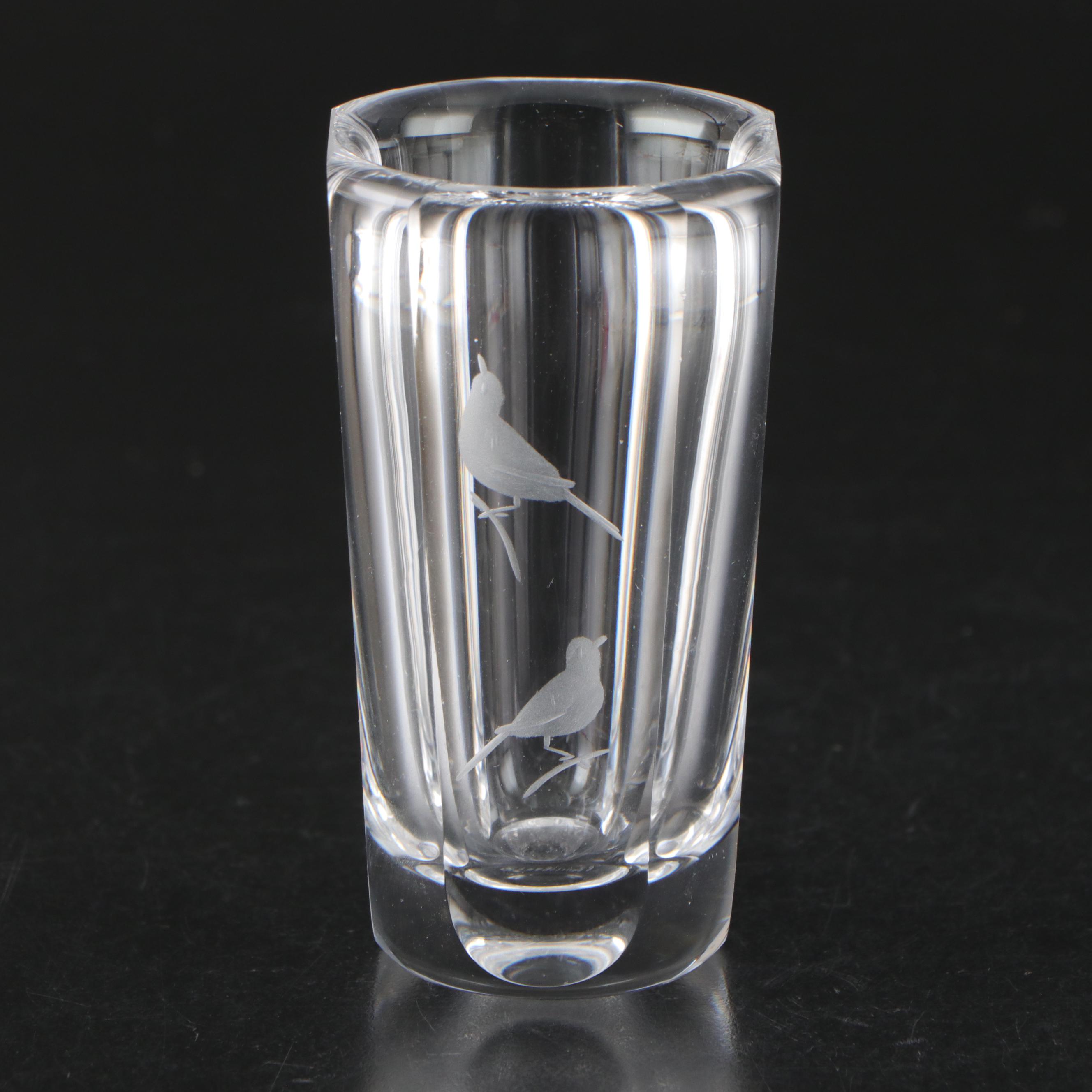 Orrefors "Belle" Crystal Vase with "Corona" Bowl and Etched Birds Vase