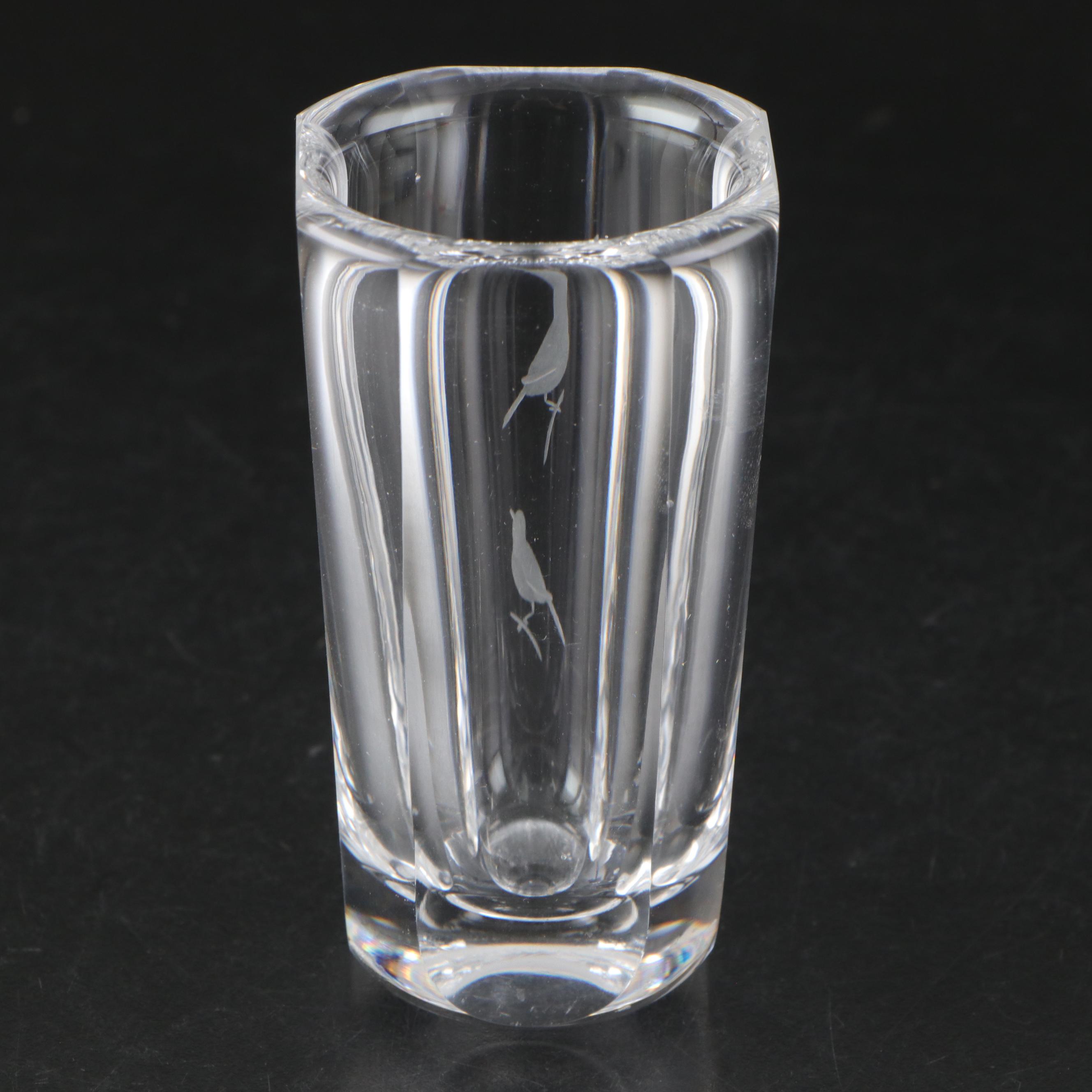 Orrefors "Belle" Crystal Vase with "Corona" Bowl and Etched Birds Vase