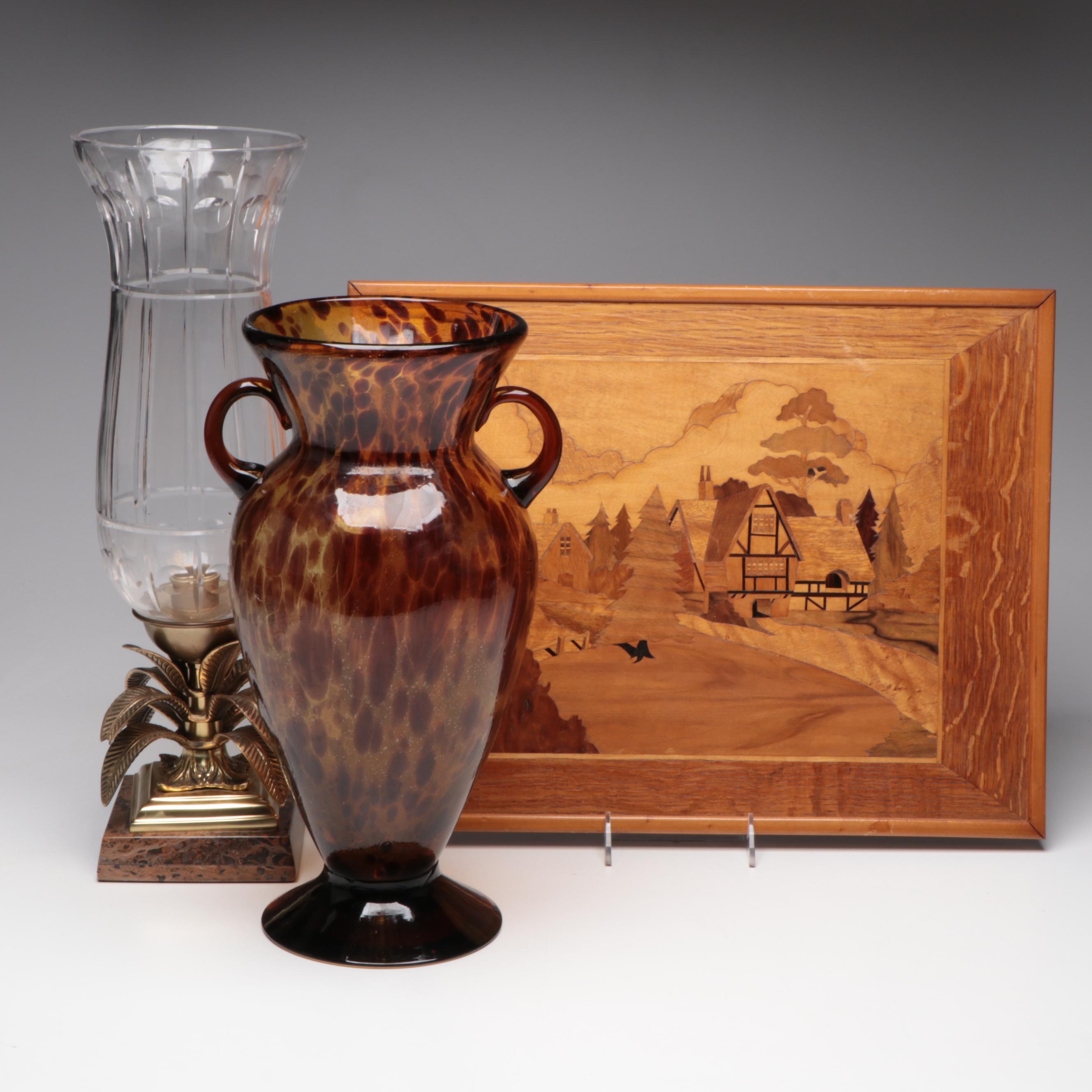 Wood Intarsia Landscape Artwork, Tortoise Glass Vase, Glass Candle Hurricane