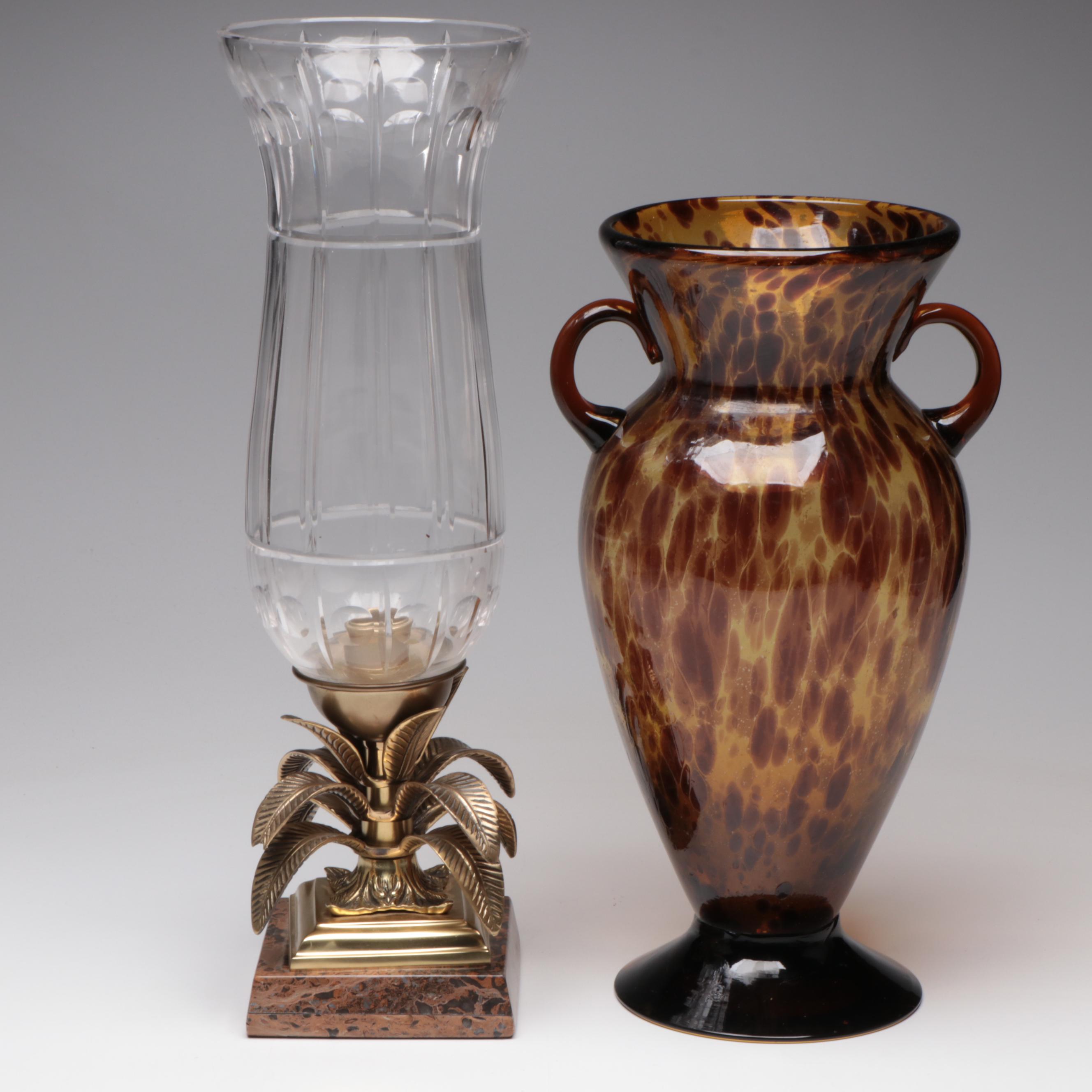 Wood Intarsia Landscape Artwork, Tortoise Glass Vase, Glass Candle Hurricane