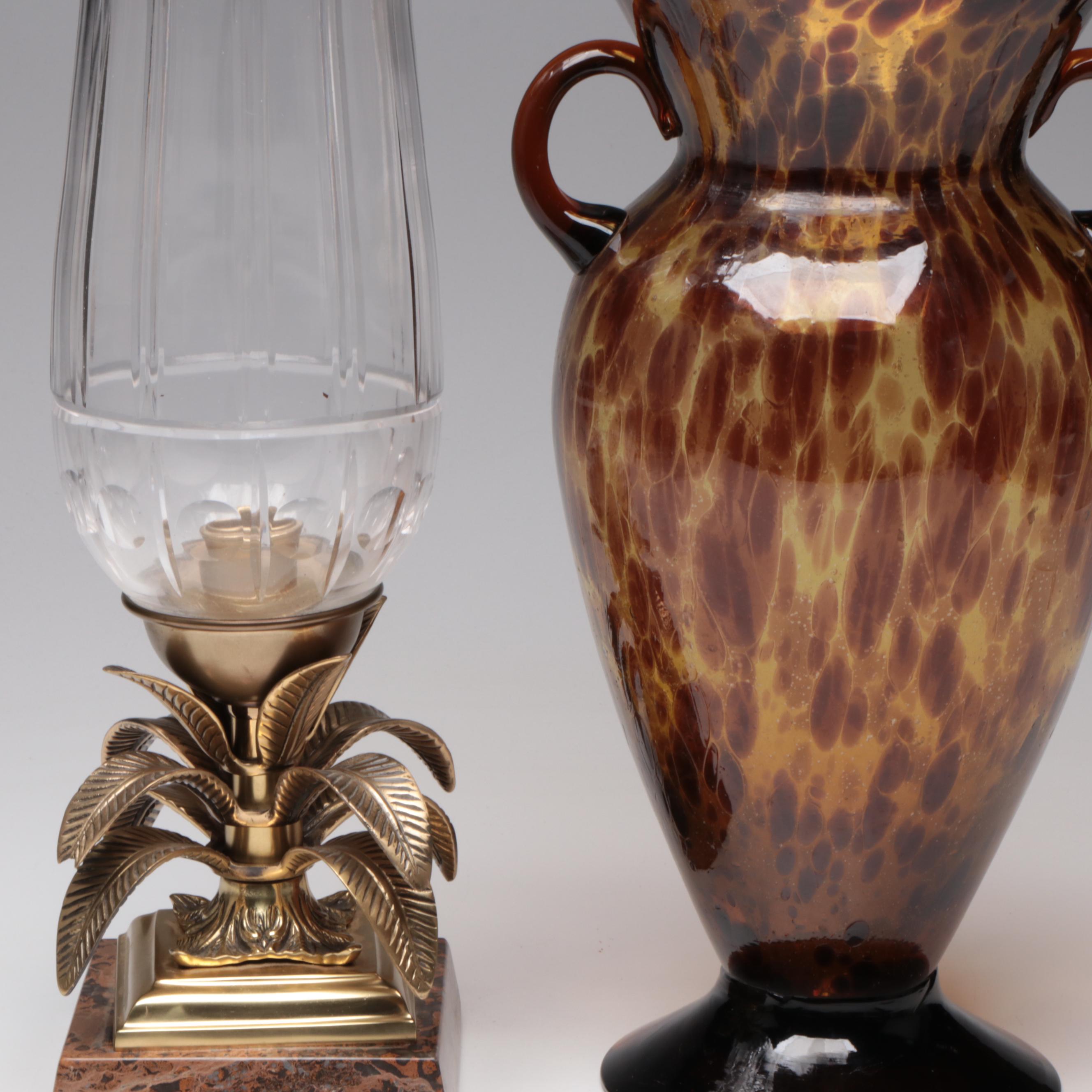 Wood Intarsia Landscape Artwork, Tortoise Glass Vase, Glass Candle Hurricane