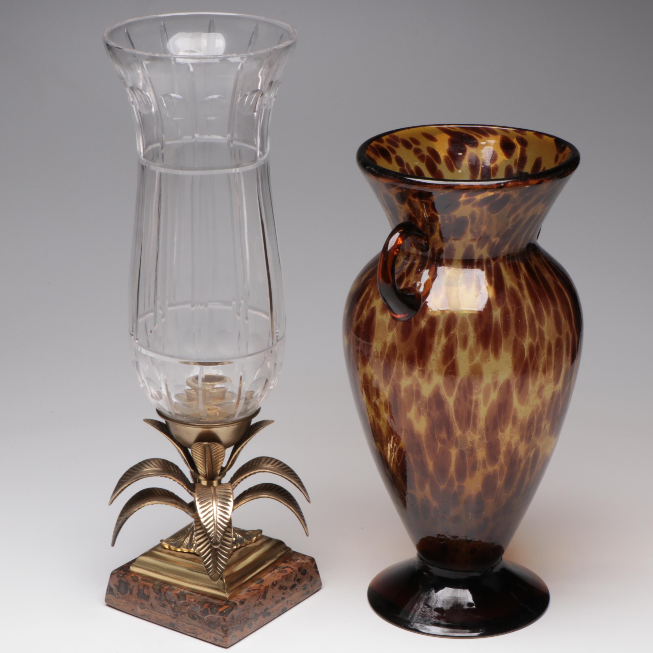 Wood Intarsia Landscape Artwork, Tortoise Glass Vase, Glass Candle Hurricane