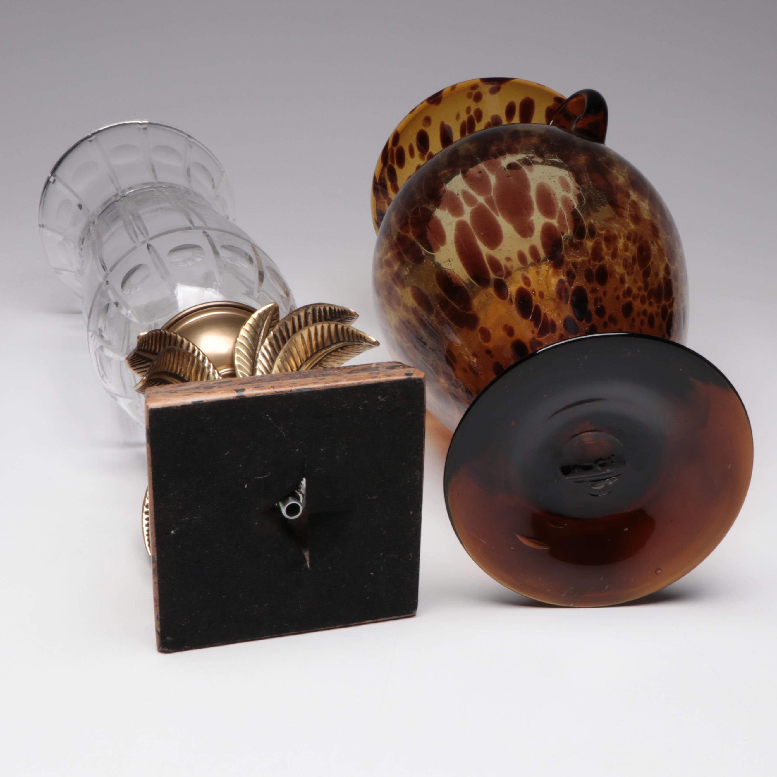 Wood Intarsia Landscape Artwork, Tortoise Glass Vase, Glass Candle Hurricane