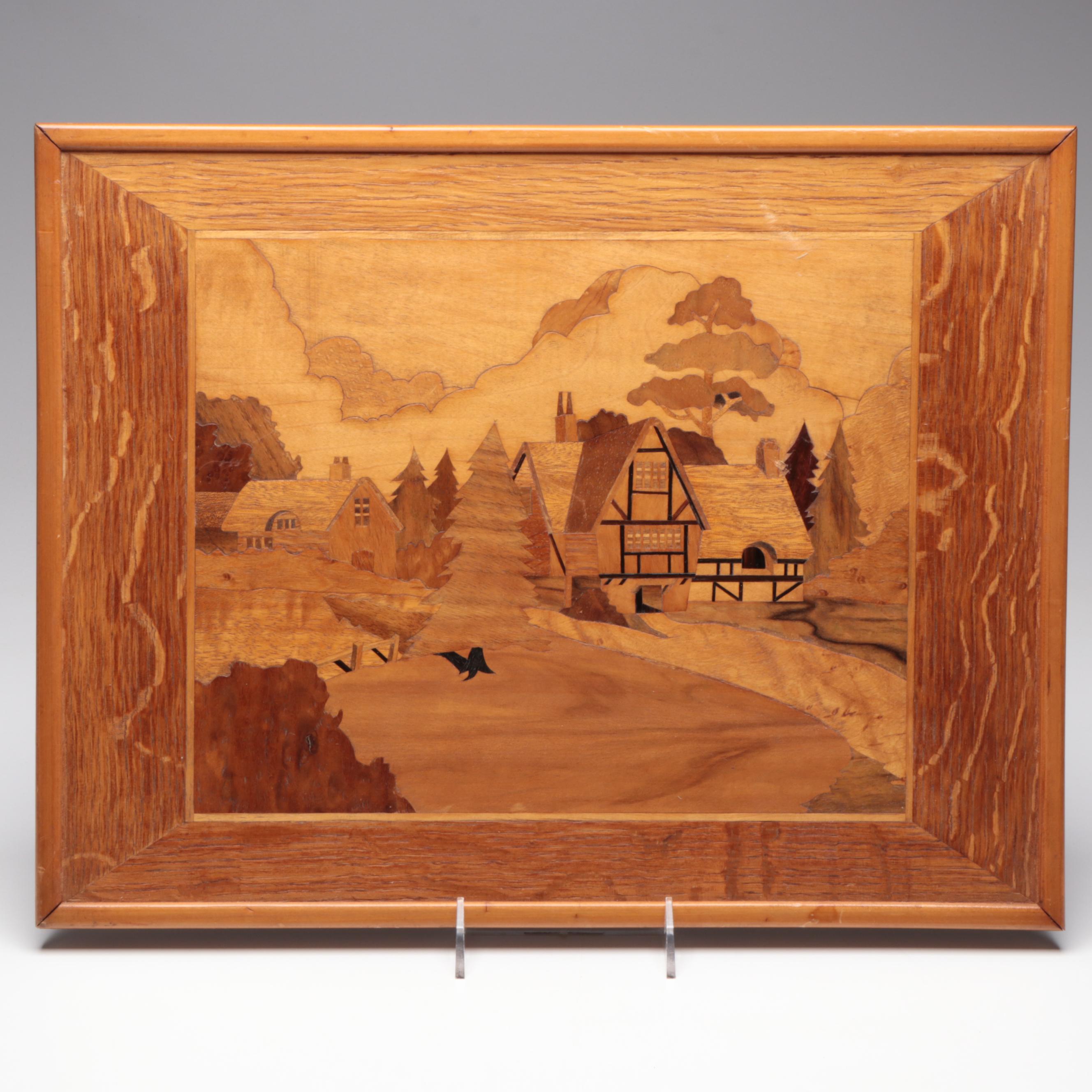 Wood Intarsia Landscape Artwork, Tortoise Glass Vase, Glass Candle Hurricane