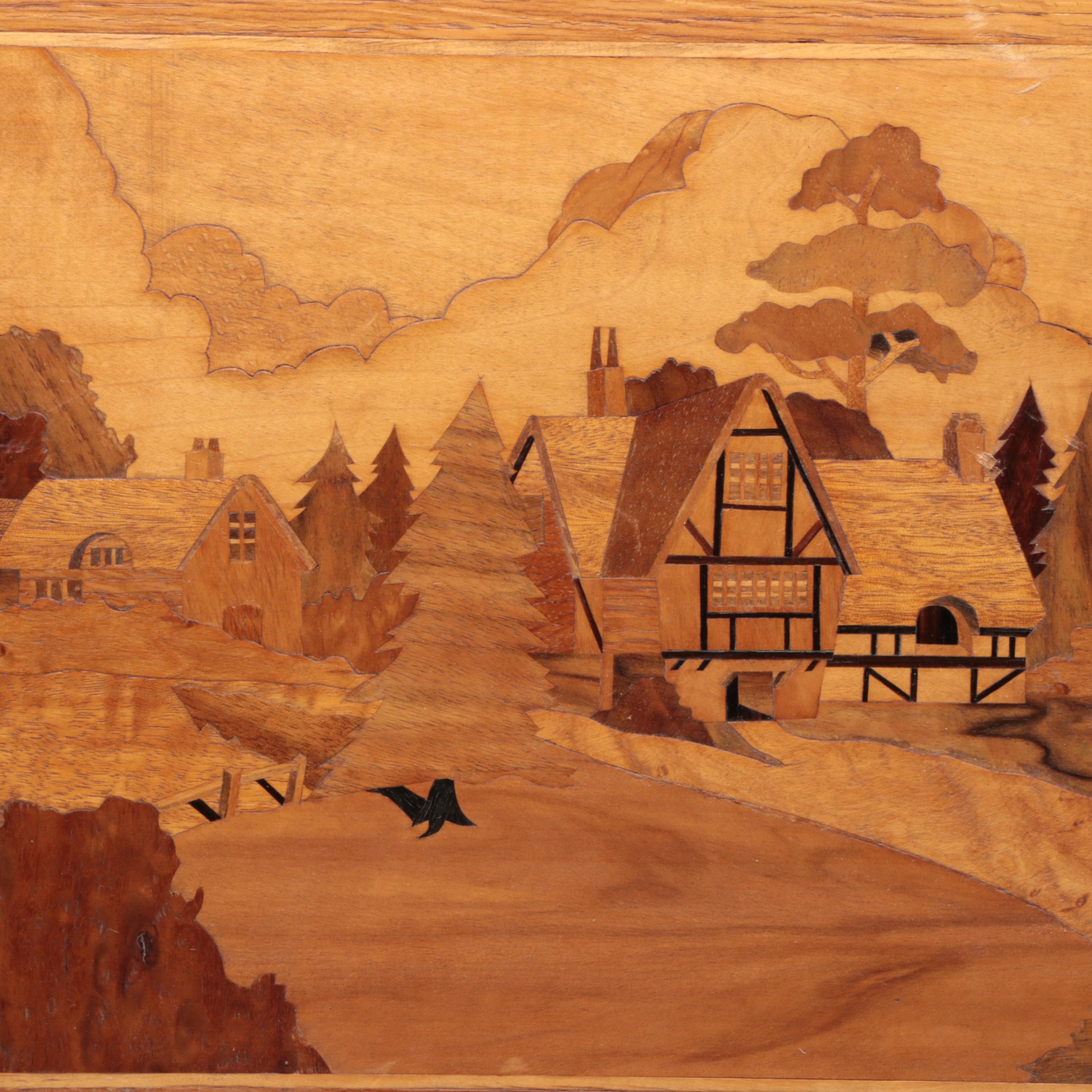 Wood Intarsia Landscape Artwork, Tortoise Glass Vase, Glass Candle Hurricane