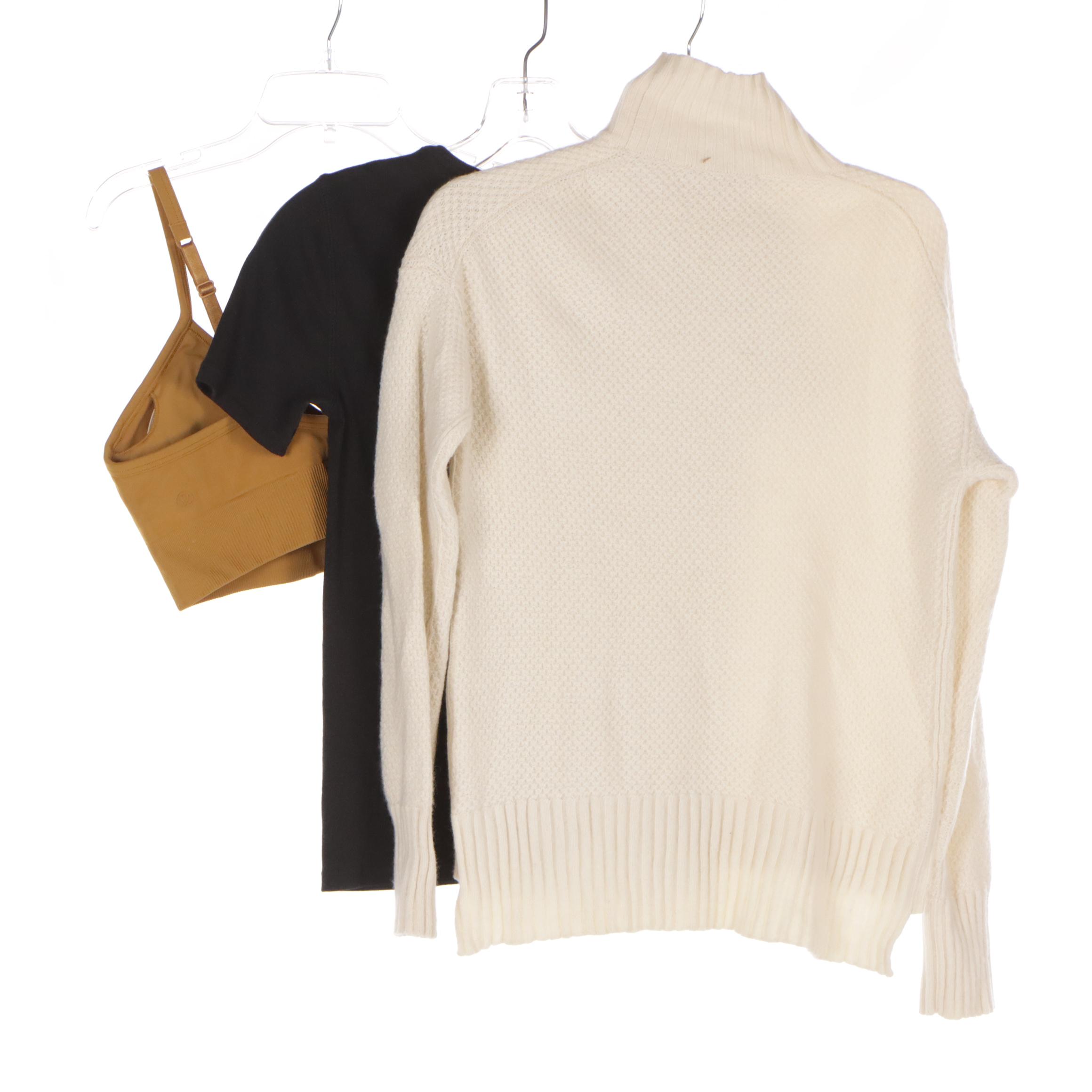 Everlane Cashmere Knit Turtleneck Sweater & Short Sleeve Top with Lululemon Bra